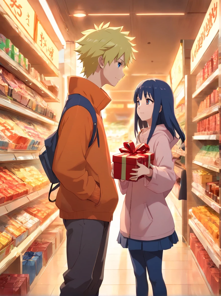 Naruto giving out a present to Hinata, shopping together, happy moment