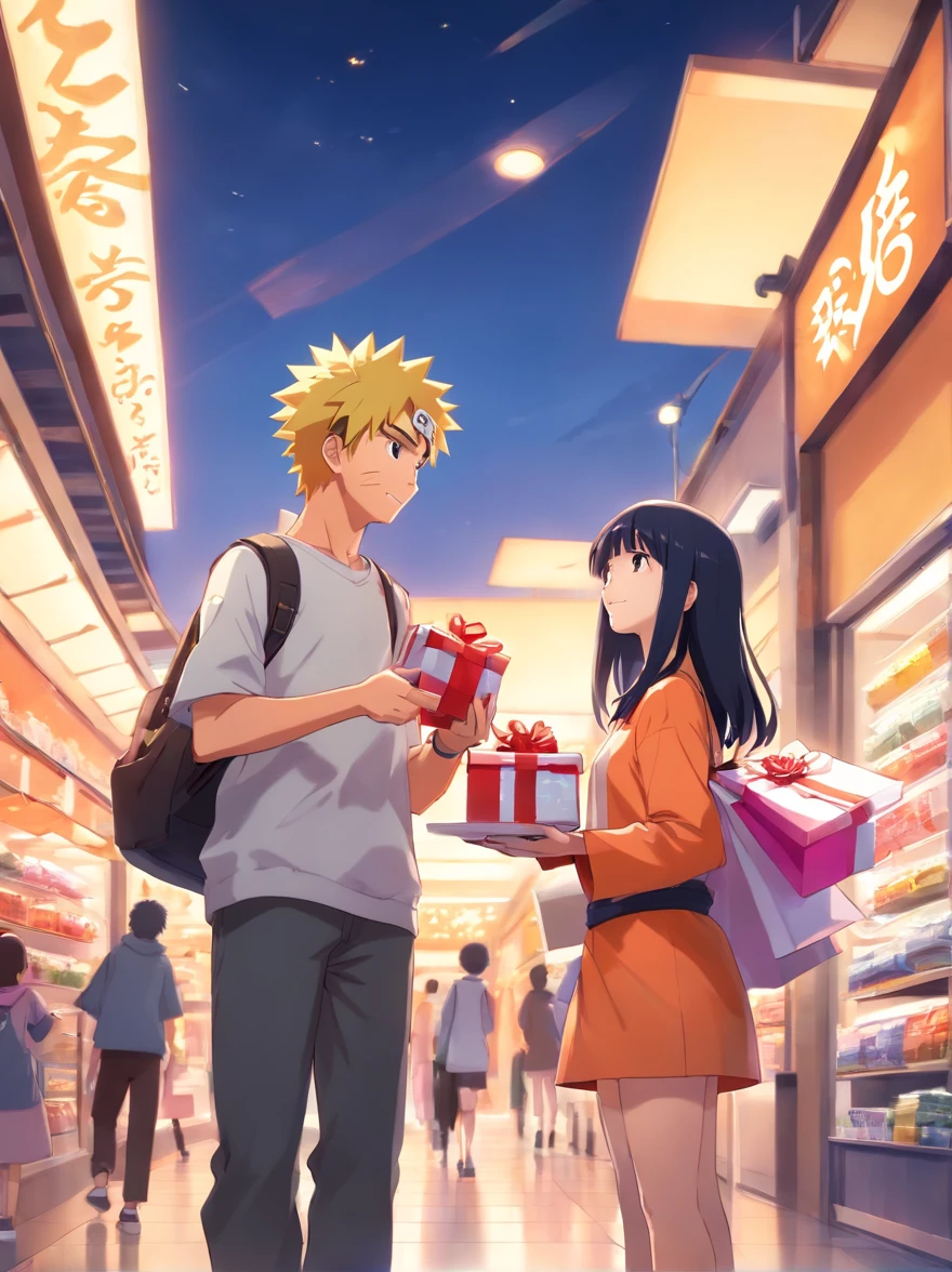 Naruto giving out a present to Hinata, shopping together, happy moment