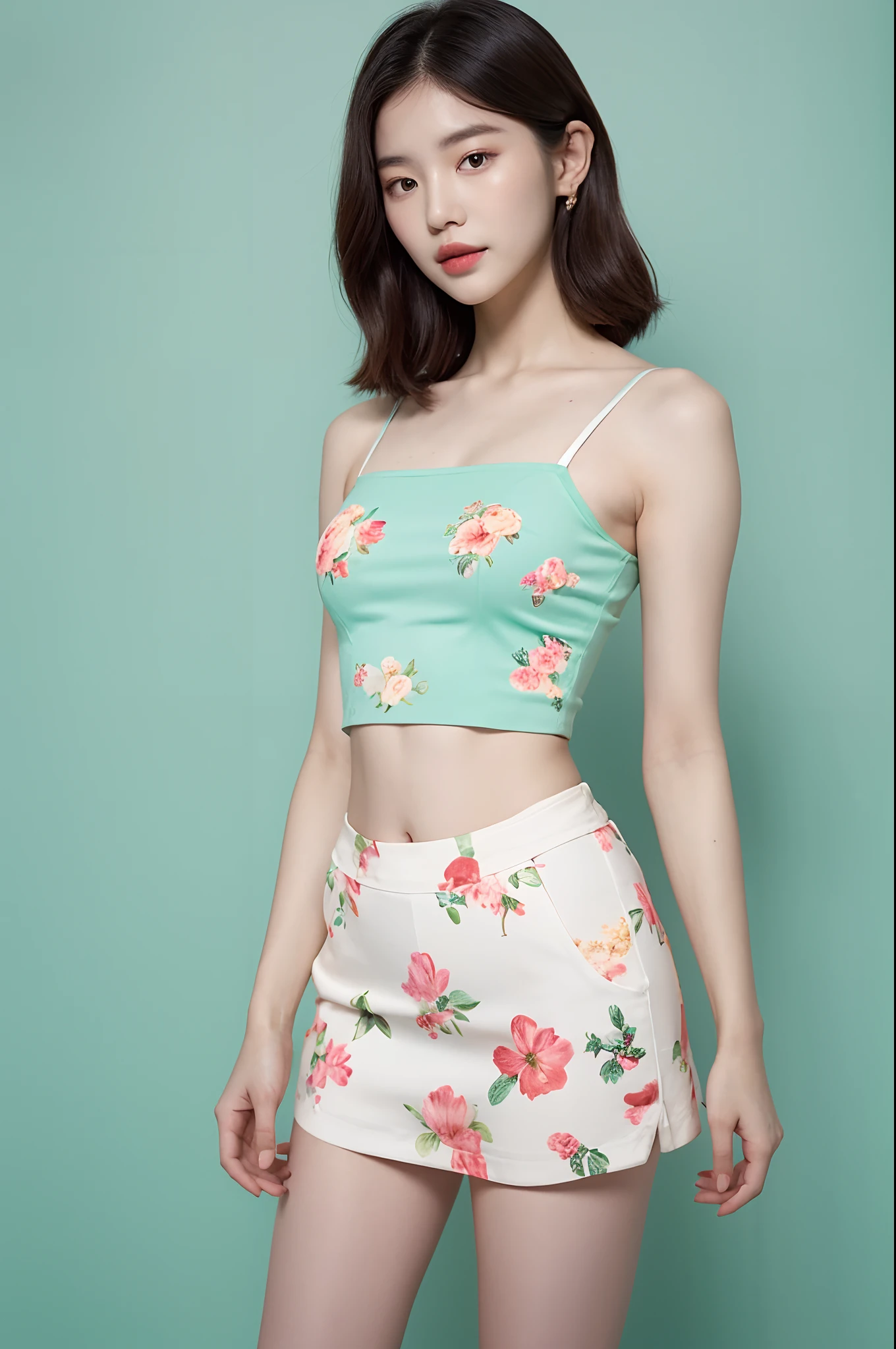 a woman in a floral crop top and mint skirt posing for a picture, croptop, crop top, bralette, wearing white camisole, bae suzy, wearing a camisole, physical : tinyest midriff ever, gorgeous young korean woman, heonhwa choe, cutecore, lulu chen, reluvy5213