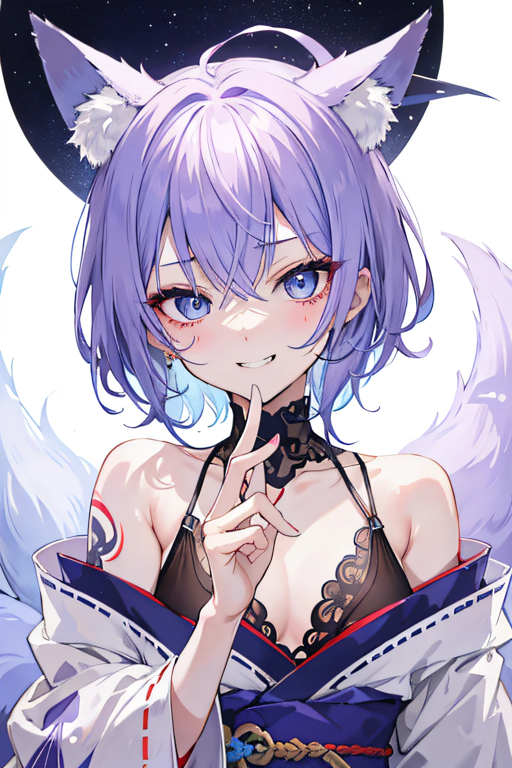 Adult male、 Two Men、perfect eyes、face perfect、Light purple and light blue gradient hair with blue eyes, Fox ears、fluffy fox tail、red blush、Conspiracy look、The tattoo、Short hair stylist, natta、kaede、Fluttering leaves, Badass,Provocative facial expressions、grin、A delightful、Human soul、healthy、Kimono、Fox Pose,put out the tongue、mischievous look、bill、Muscular body under clothes, Prank Fox