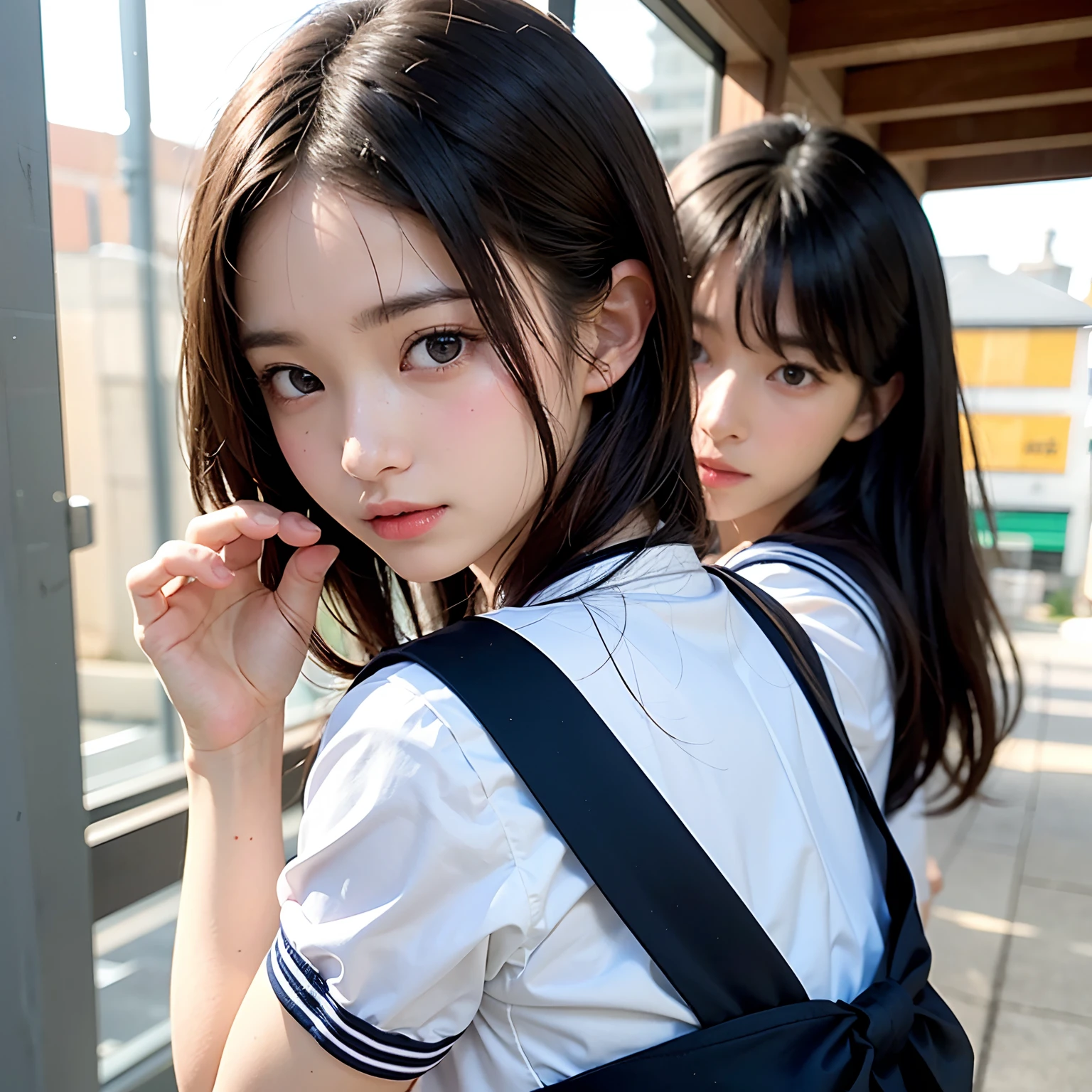 (masutepiece, Best Quality:1.2), 8K, Official art, Raw photo, Full Baudeville Four、cute butt、Two cute girls、skinny、14years、small tits、unbelievable Ridiculous, (Upper body, 校服、a sailor suit:1.4), Beautiful Girl, Pretty Face, arching back down,、Gold hair ornament on hair、close up, Sailor Suit, Short sleeve, violaceaess, Teen, Street, Looking at Viewer, Film grain, chromatic abberation, Sharp Focus, face lights, Dynamic lighting, Cinematic lighting, Eyes and faces with detailed, Bokeh background,