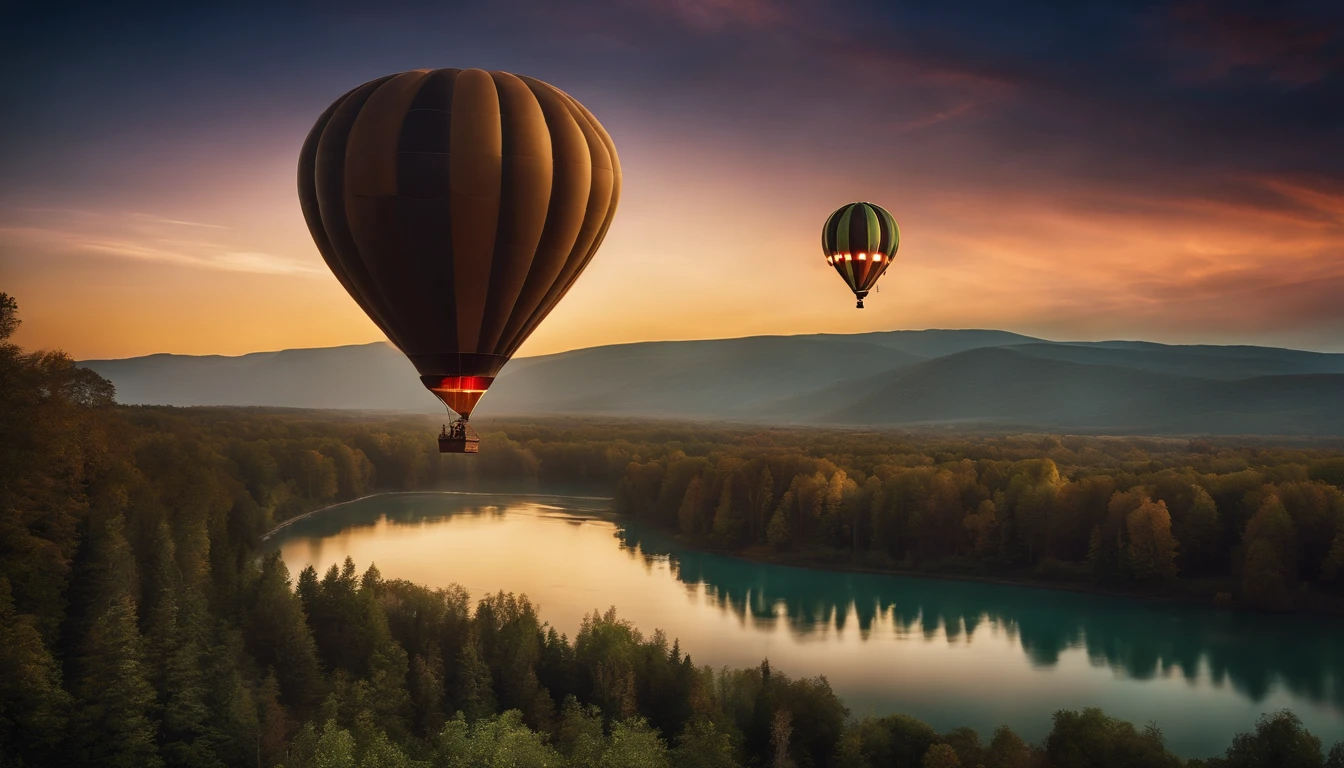 A Steampunk air balloon flying through the aurora sky with stunning landscape views, star-filled nights, beautiful aurora color, photo-realistic, vibrant color, highly detailed, masterpiece composition, perfect object, night lighting, low speed photography