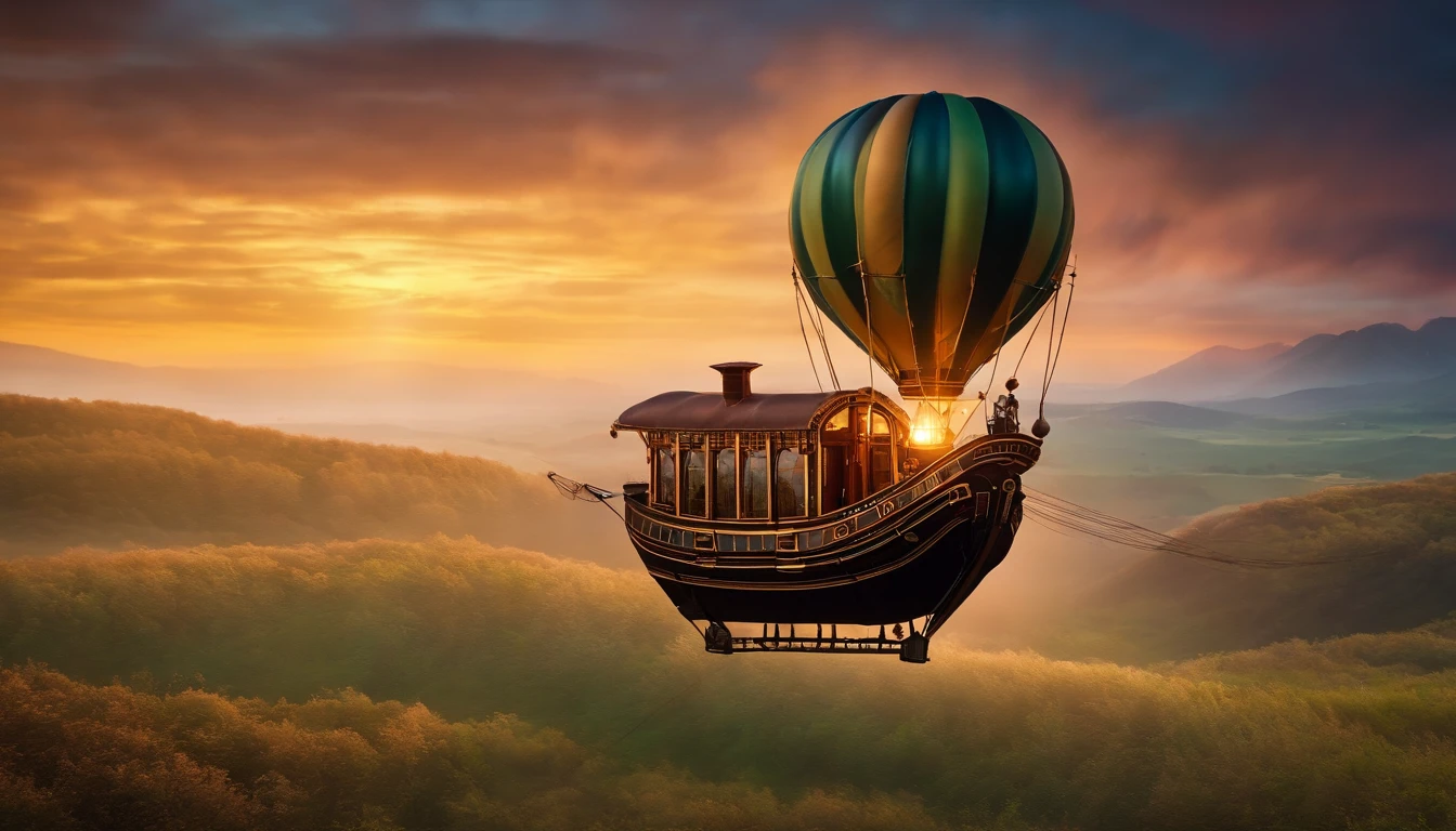 A Steampunk air balloon flying through the aurora sky with stunning landscape views, star-filled nights, beautiful aurora color, photo-realistic, vibrant color, highly detailed, masterpiece composition, perfect object, night lighting, low speed photography