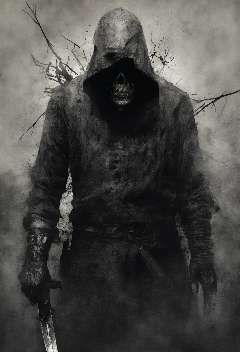 There is a man with a knife and a cross on his head, digital art 4k unsettling, Eric Lacombe, Концепт-арт Silent Hill, by Adam Marczyński, inspired by Bill Sienkiewicz, by Ludwik Konarzewski Jr, Tadeusz Pruszkowski, by Ludwik Konarzewski