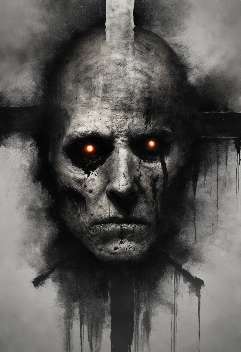 There is a man with a knife and a cross on his head, digital art 4k unsettling, Eric Lacombe, Концепт-арт Silent Hill, by Adam Marczyński, inspired by Bill Sienkiewicz, by Ludwik Konarzewski Jr, Tadeusz Pruszkowski, by Ludwik Konarzewski