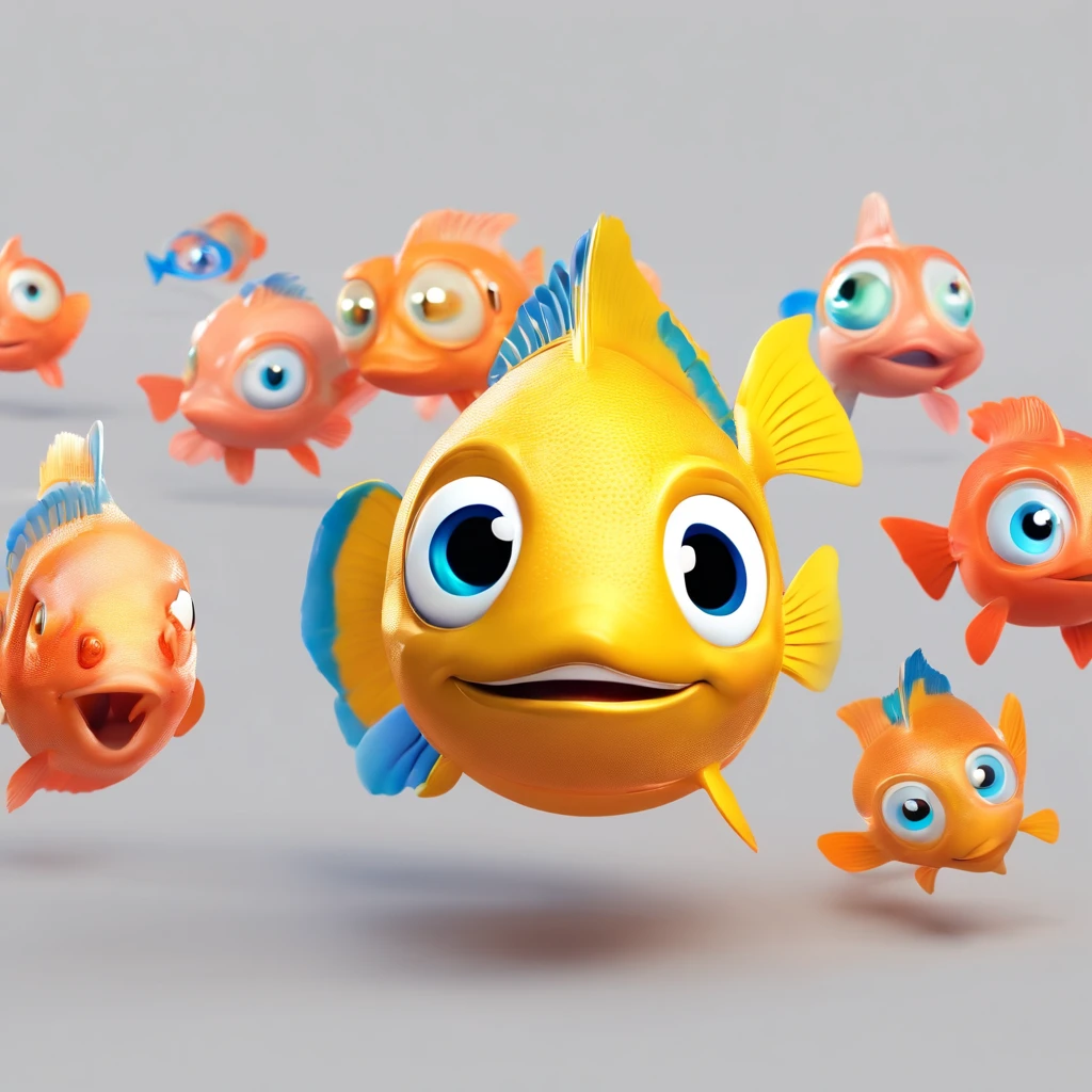 A cute little fish with big round eyes and a contagious smile with various expressions and white background