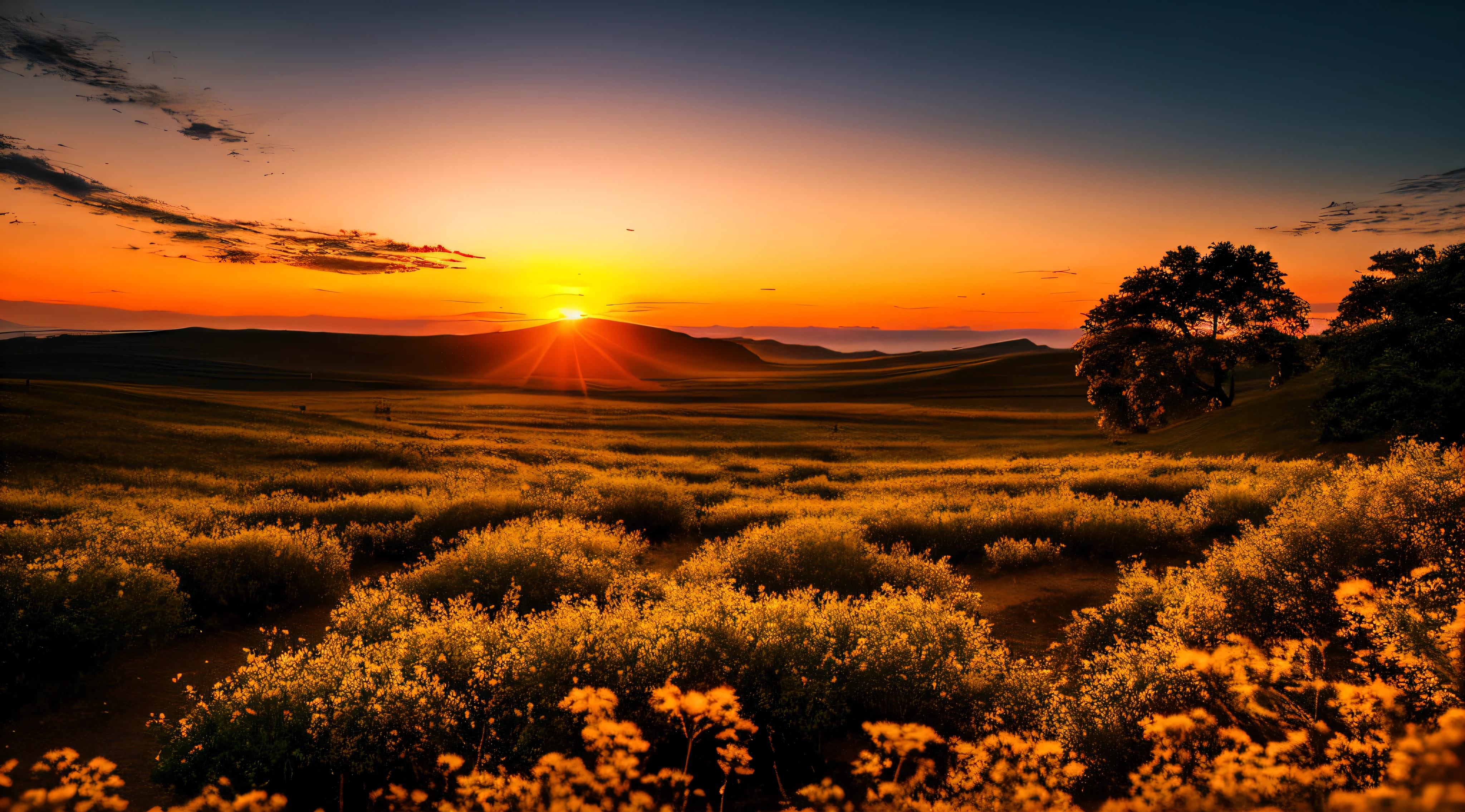 landscape, Sunset, evening glow, distant view, realistic, rich colors, gorgeous and colorful, wide-angle shot, evening hours, positive film type, naturalistic style, high-definition quality