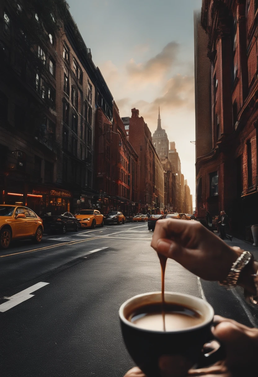 paysage new yorkais vu du sol vers rue, photo instagrammeuse, ultra realist, Meticulously detailed, de jour, Ultra Realistic Hand Holding a Coffee