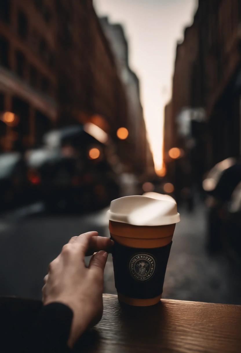 paysage new yorkais vu du sol vers rue, photo instagrammeuse, ultra realist, Meticulously detailed, de jour, Ultra Realistic Hand Holding a Coffee