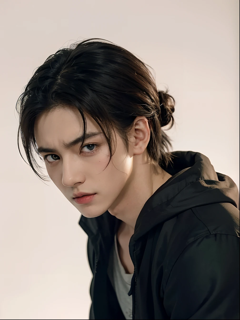 1man, eren in anime attack on titan, real life adaption of this character, Korean handsome face,realistic outfit,detailed light green eyes,realistic Messy black hair,realistic background,hyper realistic,realism,realistic light, realistic shadow,(photorealistic:1.2), looking to viewer, realistic tattoos, perfect finger