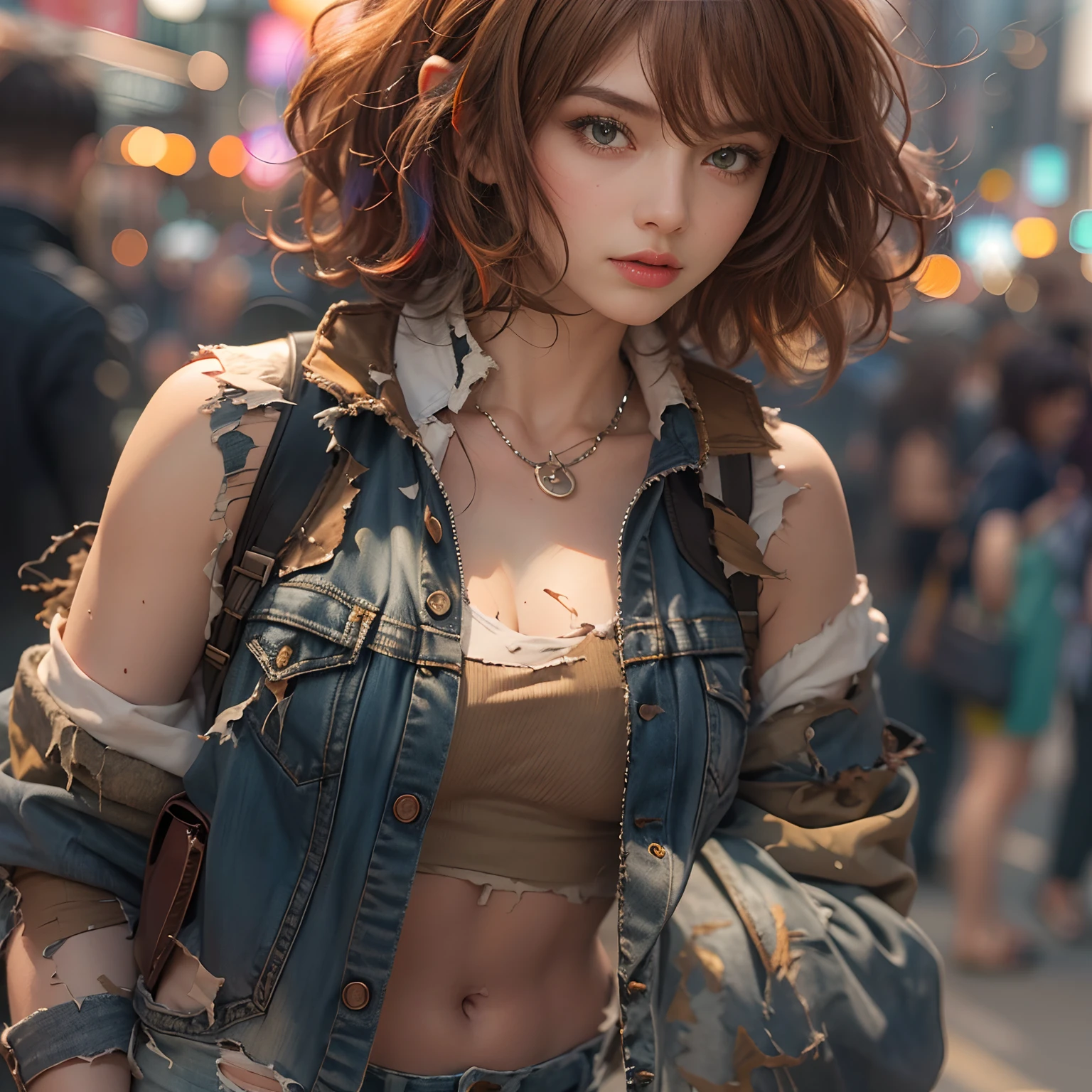((medium breast, tomboy girl,)),  (chiseled abs : 1.1), (perfect body : 1.1), (short wavy hair : 1.2) , auburn hair, collar, chain, full body shot, crowded street, wearing tanktop, jeans jacket, (torn clothes:1.3)((shorts)), (extremely detailed CG 8k wallpaper), (an extremely delicate and beautiful), (masterpiece), (best quality:1.0), (ultra highres:1.0),  beautiful lighting ,perfect lightning, realistic shadows, [highres], detailed skin, ultra-detailed (((colorful))),high realistic,