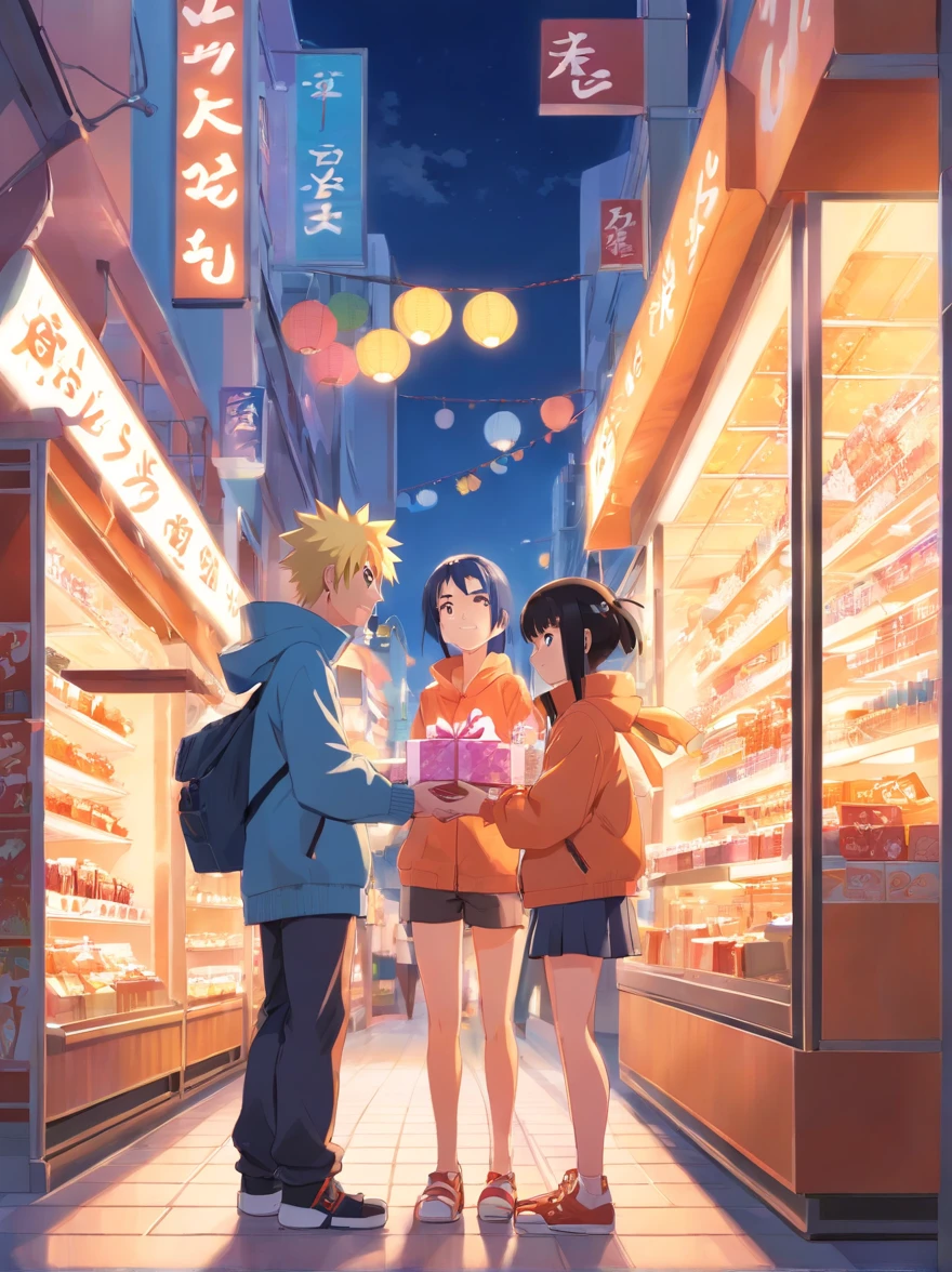 Naruto giving choosing out a present for Hinata, shopping on tokyo shopping district, happy loving moment