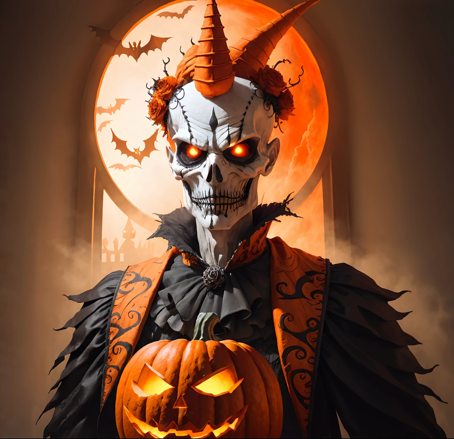 A Photograph showcasing a hauntingly realistic and highly detailed portrayal of a fearsome Pumpkin King, his regal presence emanating from his intricately carved pumpkin head. Vibrant autumnal colors accentuate the eerie atmosphere, capturing the essence of the Halloween spirit.