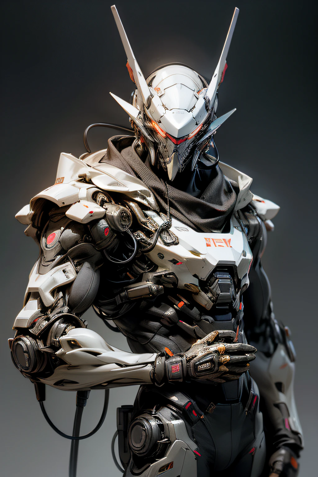 male mecha wearing ghost mask, stand posing, realistic outfit, polished, detailed body, detailed face, Detailed eye, Swollen eyes, top-quality, A high resolution, (reality: 1.4), Forward-facing body, (A hyper-realistic), (high resolution), (8K), (highly detailed), ( Best Illustration), (detailed eyes), (ultra-detailliert), Bright lighting, Professional Lighting、The background is a cyberpunk room with neon light.、The cord is connected from the costume