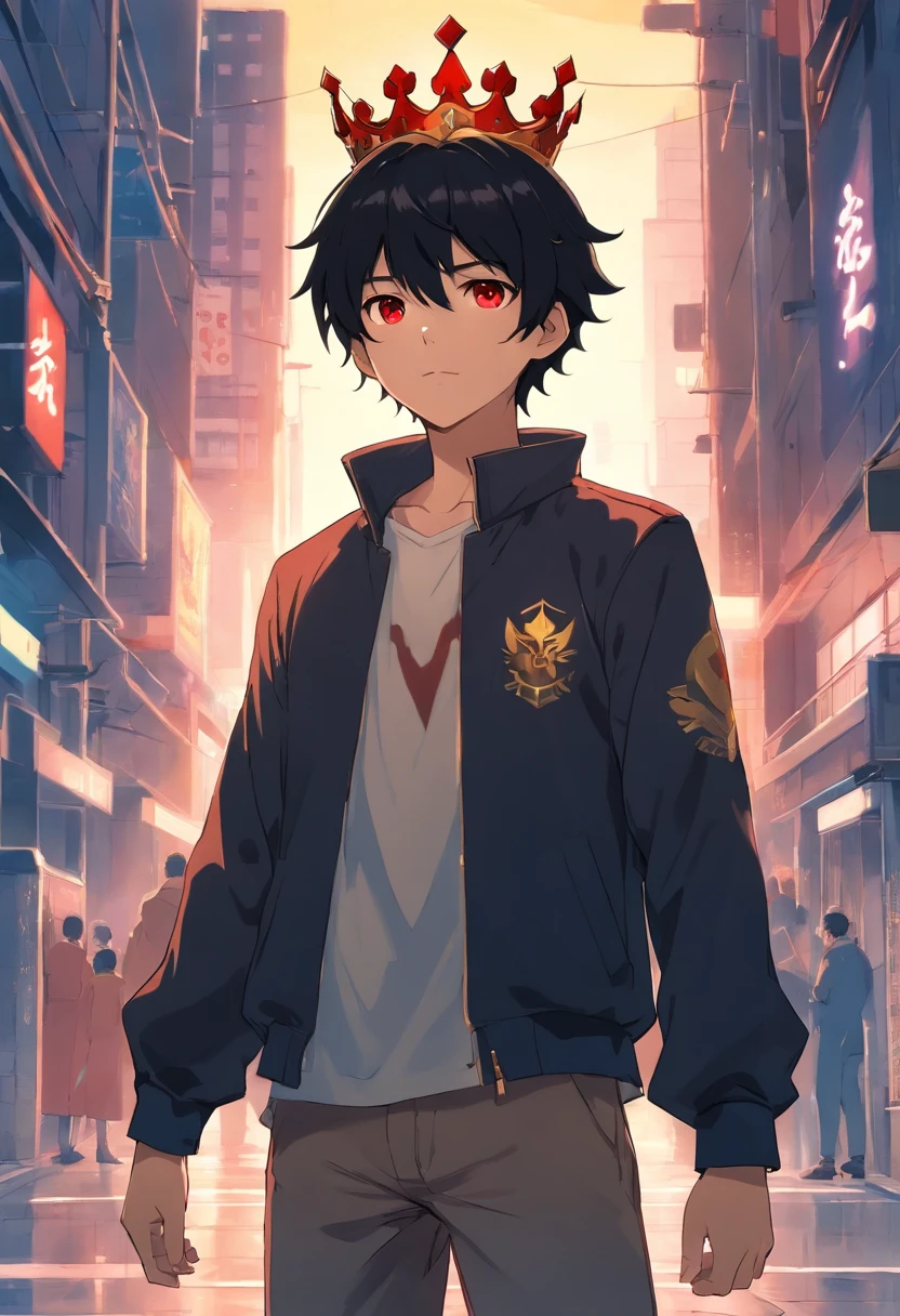 Wolf boy with short black hair and red eyes golden crown standing in the dark, Anime visuals of cute guy, boy with black hair, perfect black hair guy, dark haired god, black hair, Kantai Collection Style, anime clouds, young anime guy, anime moe art style, Anime Best boy, (Anime boy), an anime boy, black-haired, flowing black hair crown black boy