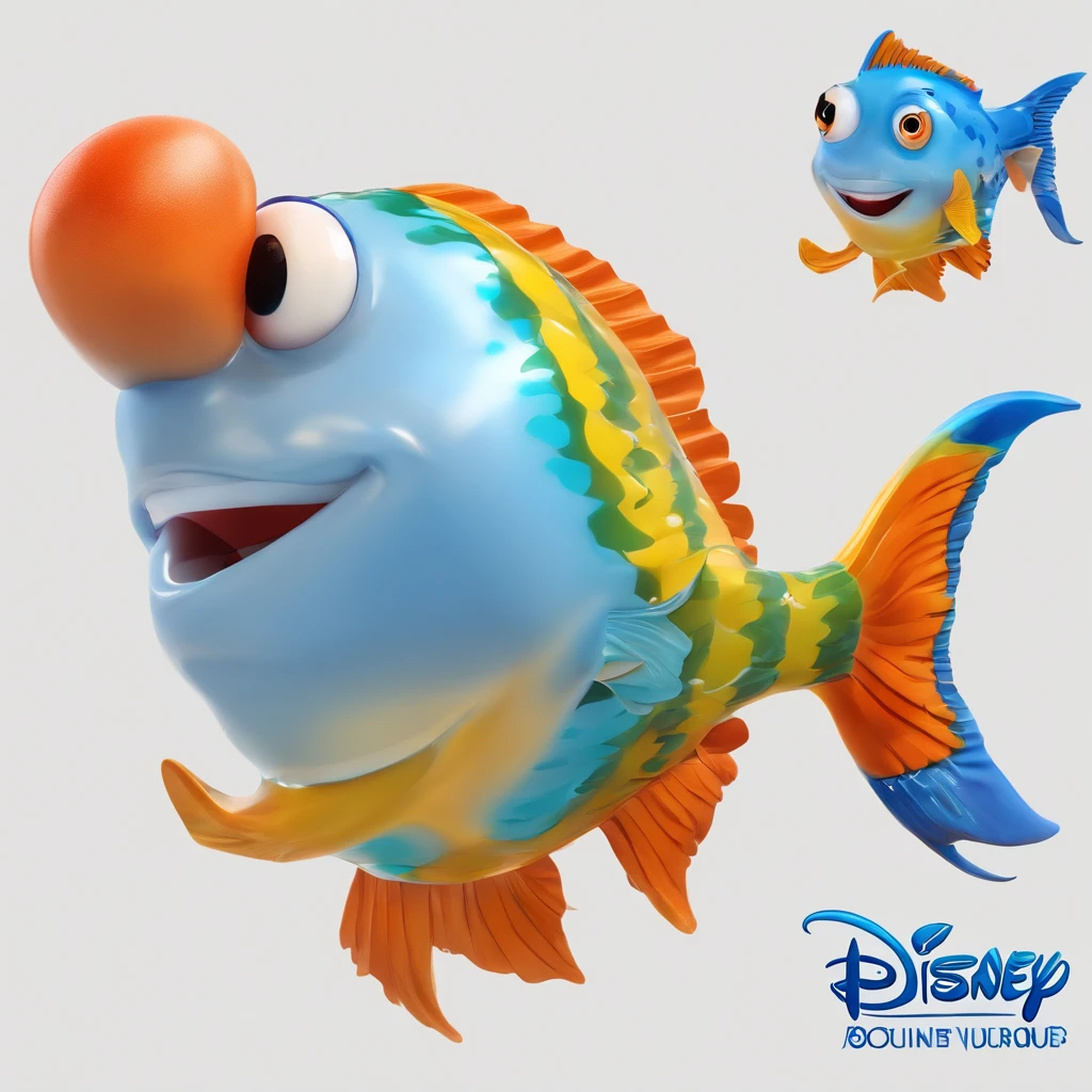 um peixinho bonito com grandes olhos redondos e um sorriso contagiante coorido estilo disney cores vibrantes no fundo do oceano