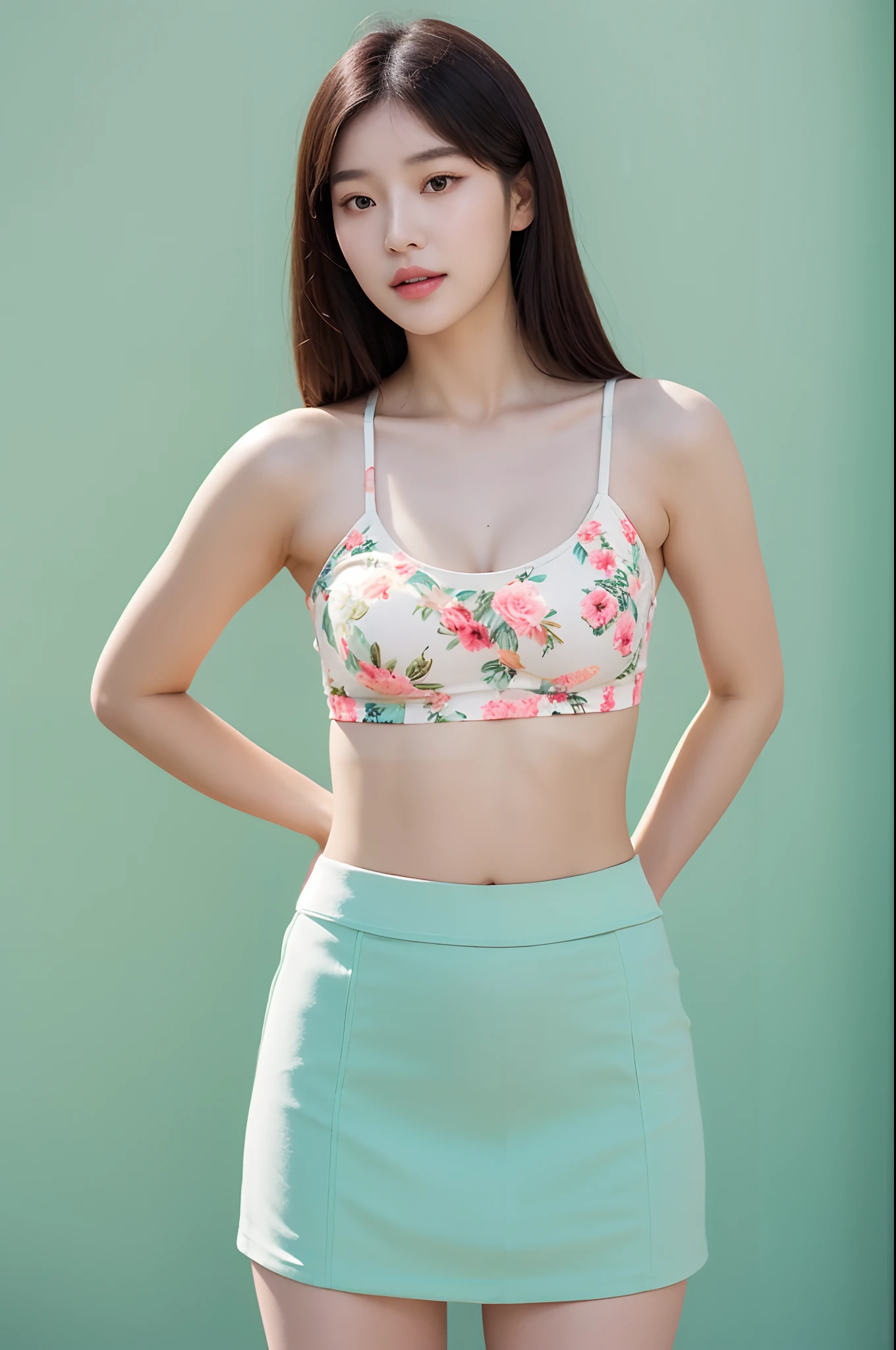 a woman in a floral crop top and mint skirt posing for a picture, croptop, crop top, bralette, wearing white camisole, wearing a camisole, physical : tinyest midriff ever, gorgeous young asian woman, cutecore, reluvy5213, ponytail hair