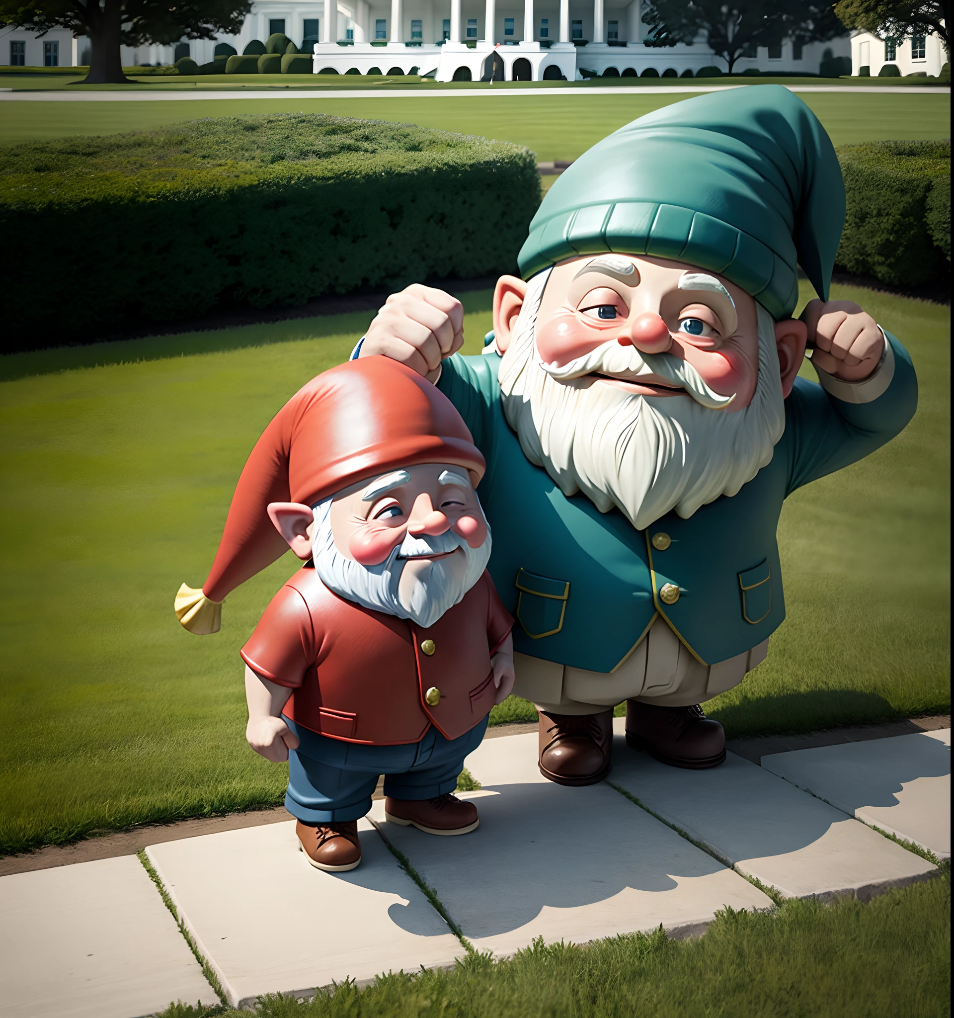 Gnome shaking hands with the President on the front lawn of the White House