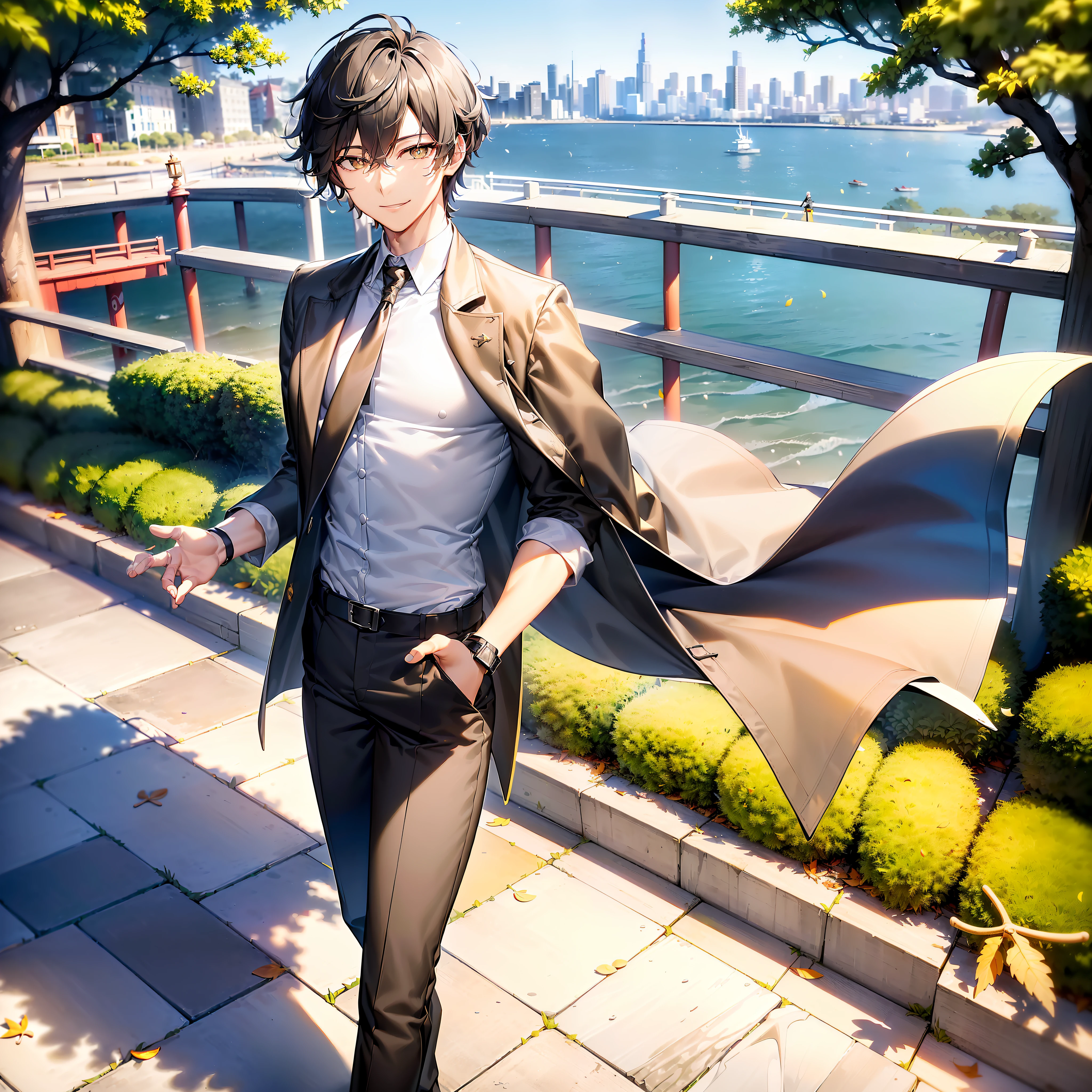 Dan Heng, Honkai Star Rail, (masterpiece, best quality, high quality, 4K), human, ((male)), (((solo))), mature, black short hair, slim, ((yellow pupils)), detailed eyes, front view, (clothing, (topwear: (dark-gray coat, (white t-shirt)), bottomwear:(pants: dark gray), standing, coat fluttering, detailed clothing, coat collar, tall, smiling, (((city seaside))), trees, falling leaves, (detailed background)