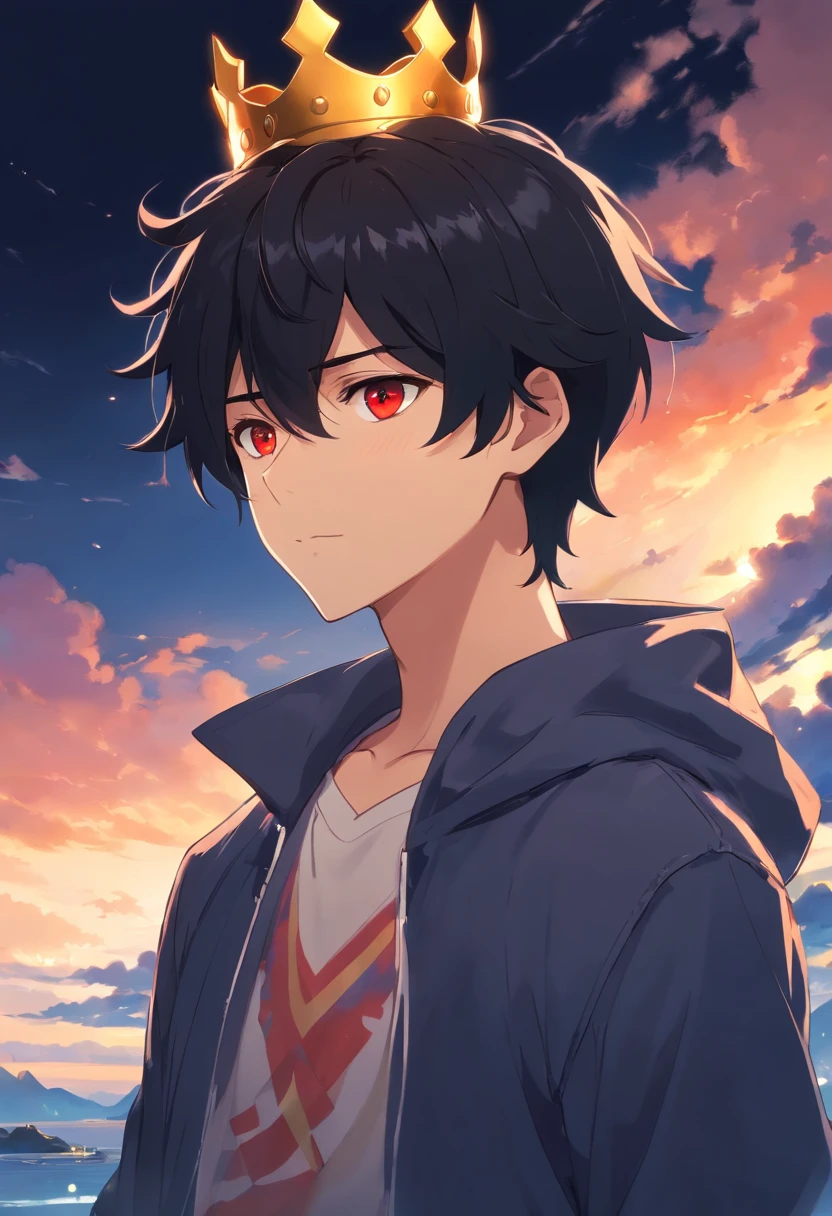 Wolf boy with short black hair and red eyes golden crown standing in the dark, Anime visuals of cute guy, boy with black hair, perfect black hair guy, dark haired god, black hair, Kantai Collection Style, anime clouds, young anime guy, anime moe art style, Anime Best boy, (Anime boy), an anime boy, black-haired, flowing black hair crown black boy