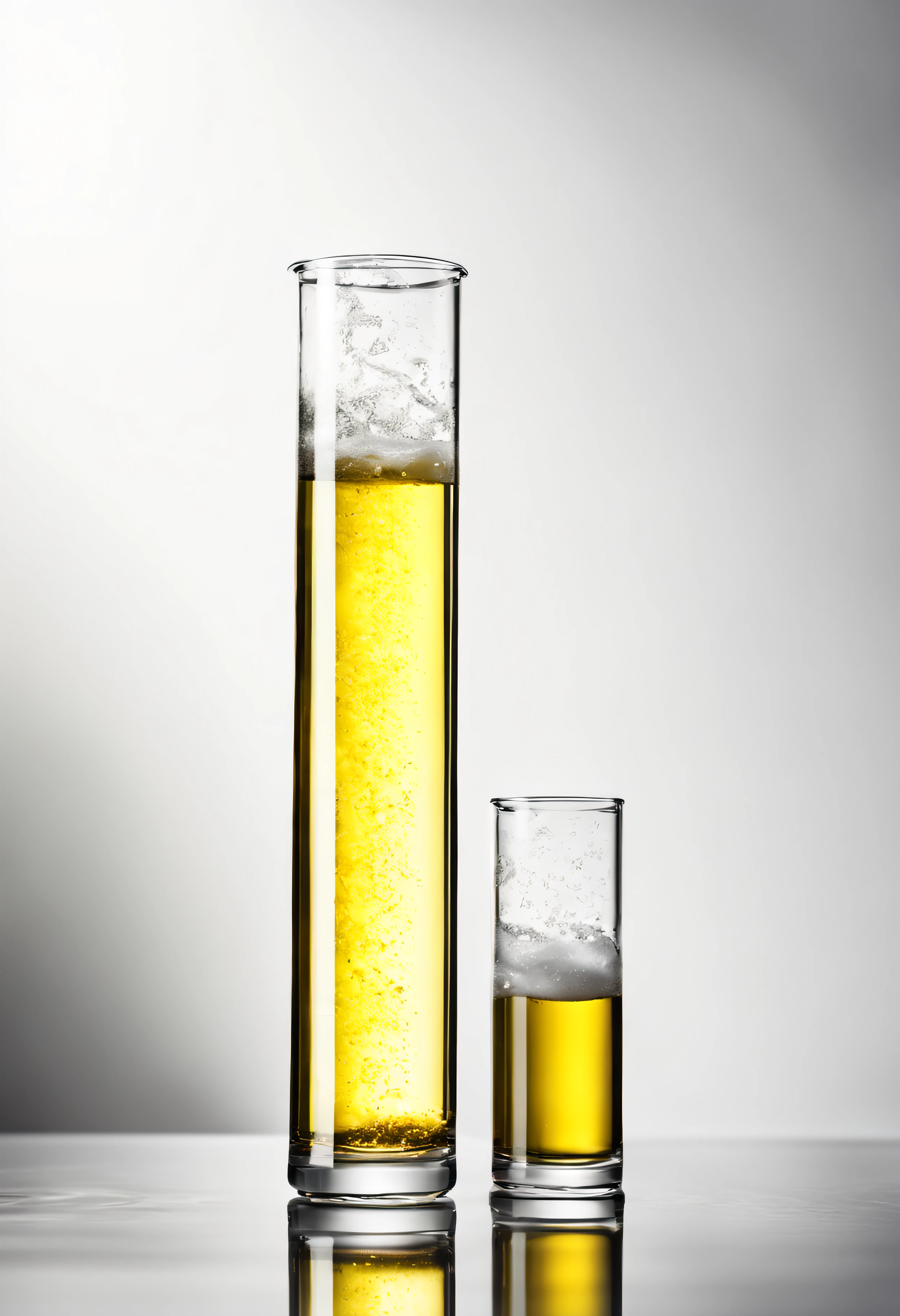 two isolated clear glass cylinders, with the left cylinder three times as tall as the right, the left cylinder contains a fizzy yellow liquid and the right one a thick smoke, white background, blurred background