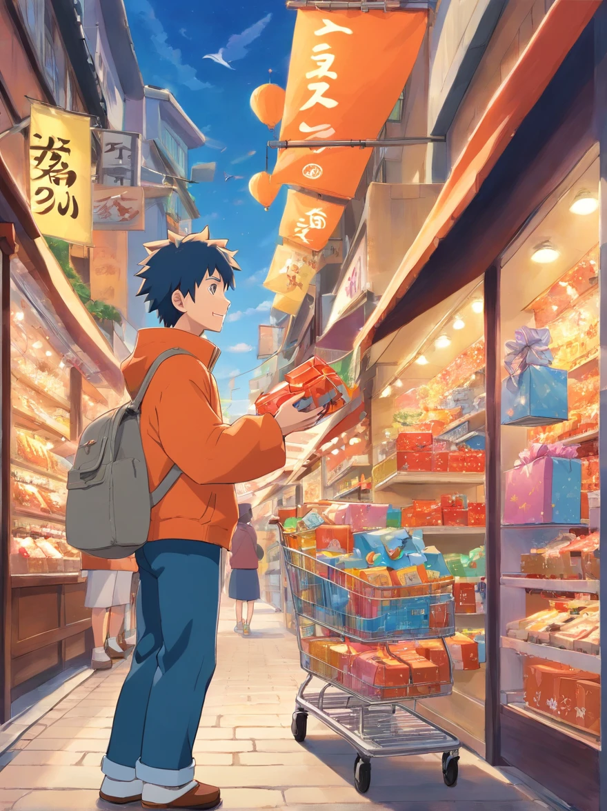 Naruto giving choosing out a present for Hinata, shopping on tokyo shopping district, happy loving moment