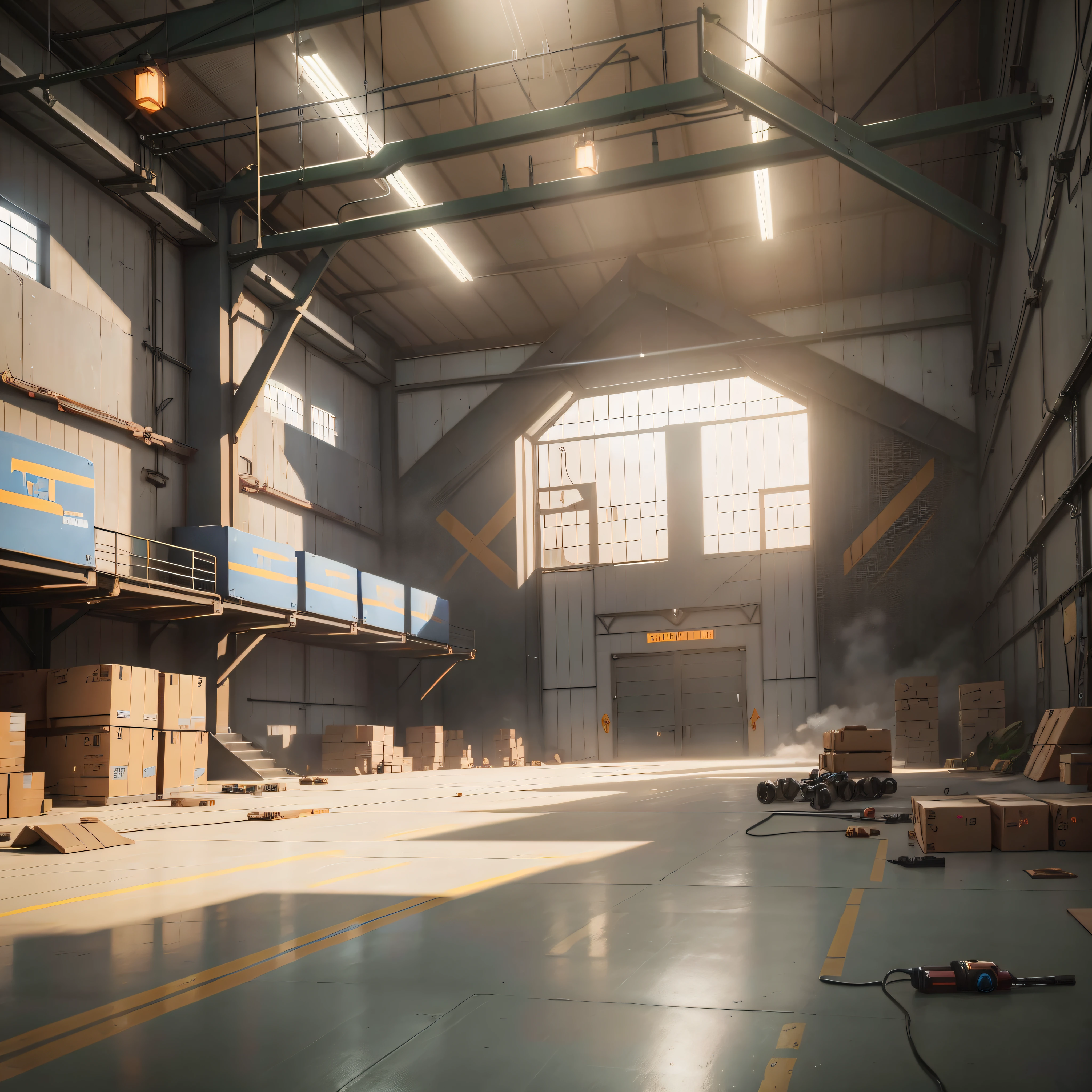 Inside the factory has boxes, factory background, Overwatch building, [[empty warehouse]] background, interior background art, dark hangar background, weapon shop interior, random background scene, background art, secret shady lab, Overwatch design, EVA Unit-00 in the back, mirror edge art style, --auto --s2