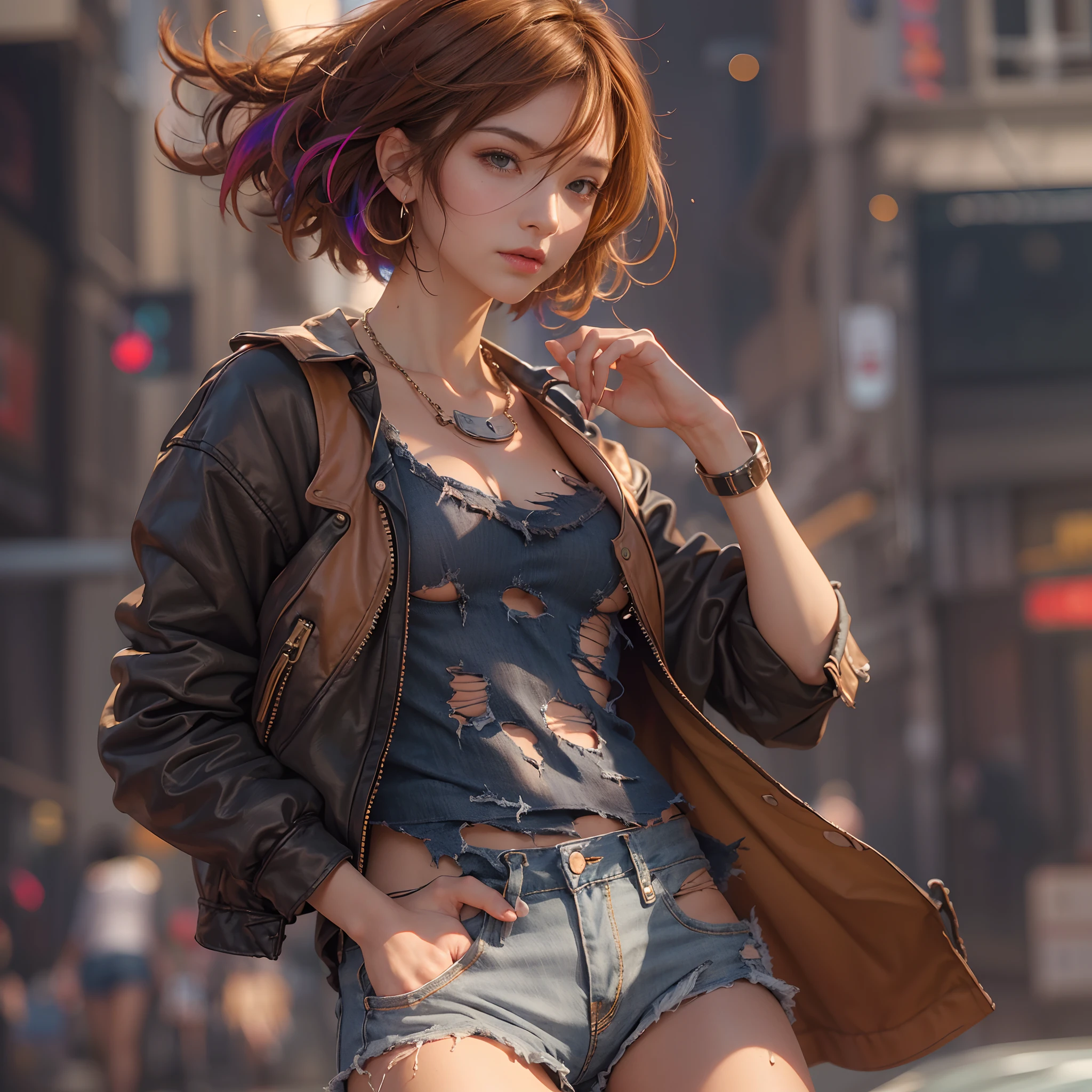 ((medium breast, tomboy girl,)),  (chiseled abs : 1.1), (perfect body : 1.1), (short wavy hair : 1.2) , auburn hair, collar, chain, full body shot, crowded street, wearing tanktop, jeans jacket, (torn clothes:1.3)((shorts)), (extremely detailed CG 8k wallpaper), (an extremely delicate and beautiful), (masterpiece), (best quality:1.0), (ultra highres:1.0),  beautiful lighting ,perfect lightning, realistic shadows, [highres], detailed skin, ultra-detailed (((colorful))),high realistic,