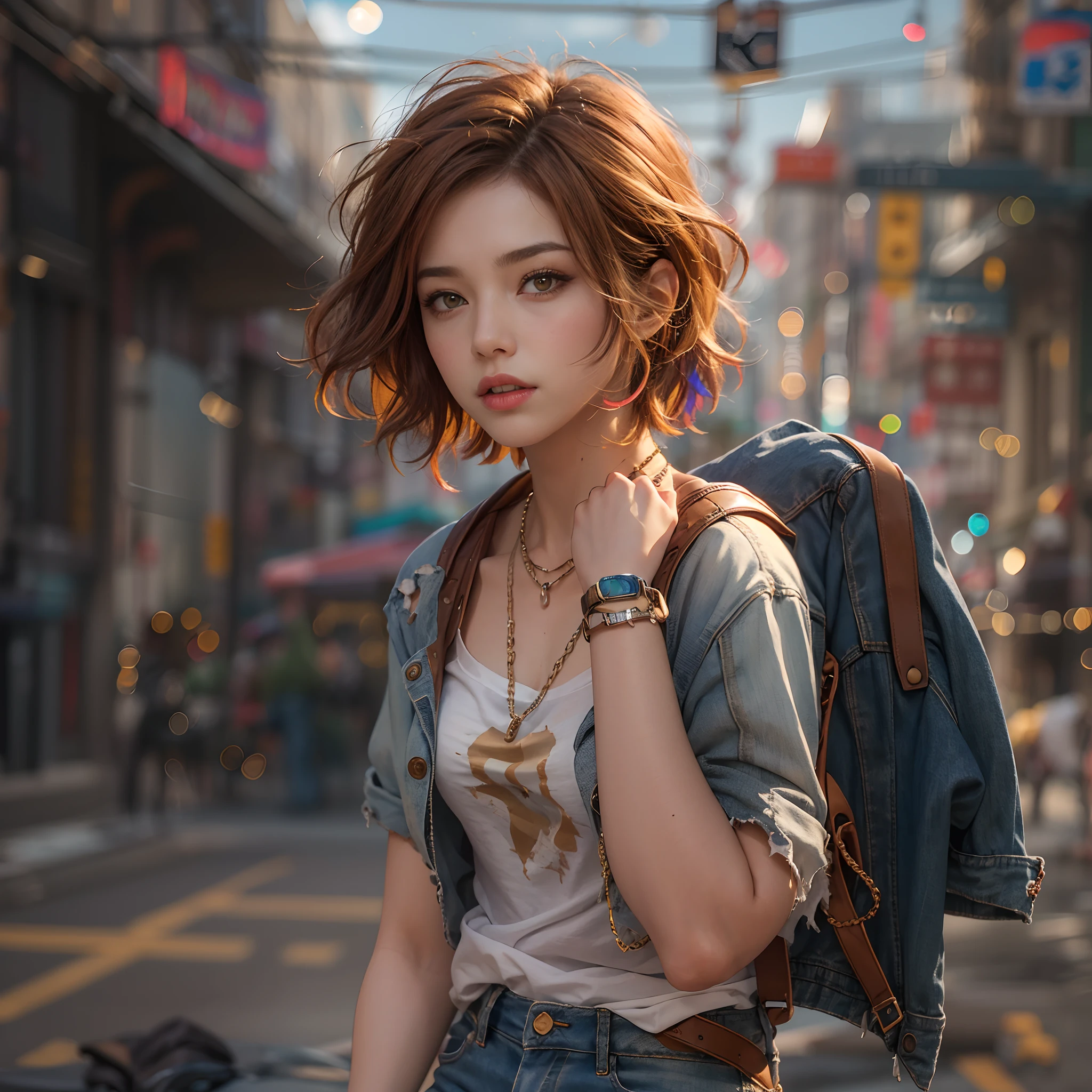 ((medium breast, tomboy girl,)),  (chiseled abs : 1.1), (perfect body : 1.1), (short wavy hair : 1.2) , auburn hair, collar, chain, full body shot, crowded street, wearing tanktop, jeans jacket, (torn clothes:1.3)((shorts)), (extremely detailed CG 8k wallpaper), (an extremely delicate and beautiful), (masterpiece), (best quality:1.0), (ultra highres:1.0),  beautiful lighting ,perfect lightning, realistic shadows, [highres], detailed skin, ultra-detailed (((colorful))),high realistic,