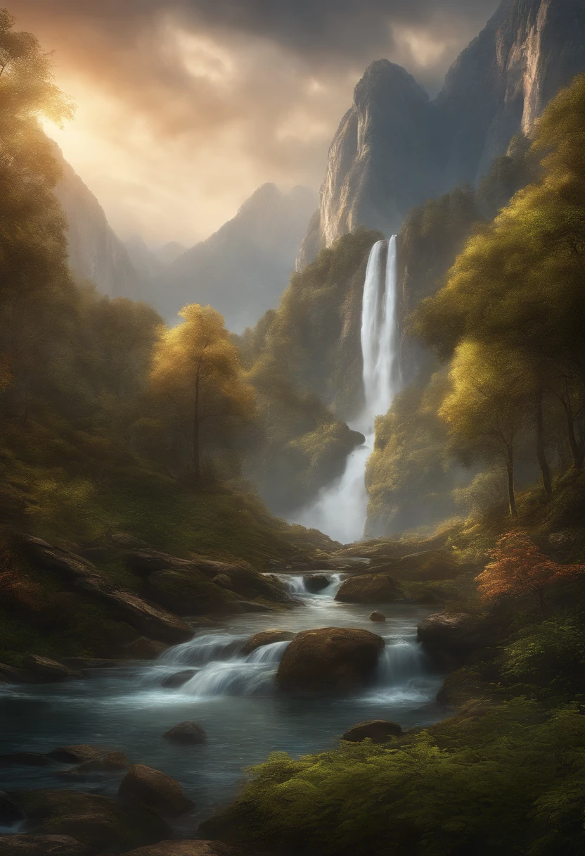 mountains with a waterfall and some trees in the foreground, paisagem de fantasia impressionante, an epic landscape, Fantasia pintura fosca,fofo, paisagem de arte de fantasia, most epic landscape, Pintura digital fosca 4K HD, epic fantasy landscape, Arte digital altamente detalhada em 4k, epic dreamlike fantasy landscape, epic landscape, Pintura fosca 4K, Tran Ross. scenic background