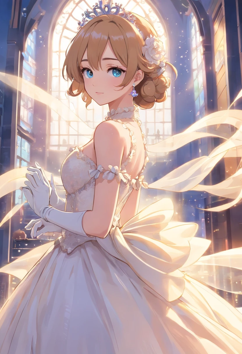 Best quality, Masterpiece, a stunningly beautiful Greer Grammer as a royal bride wearing a stately and elaborate royal wedding dress of white satin and tulle adorned with huge ribbon bows, lace, frills, flounces, embroidery and jewels, with enormous puffed sleeves, an hourglass waist and a voluminous crinoline hoopskirt, bustle, and train, long white gloves, pearl necklace and earrings, elaborately curled and styled hair