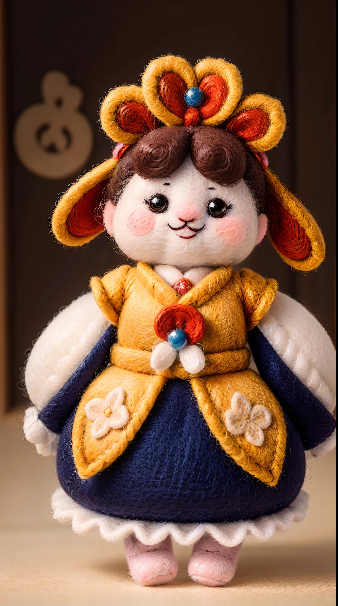 wool felt，felt，Plush ，adolable，Masterpiece, Best quality, Super detailed, illustration, 1 woman, Close up, Smile, TRADITIONAL CHINESE COSTUMES,Wool felt dolls。