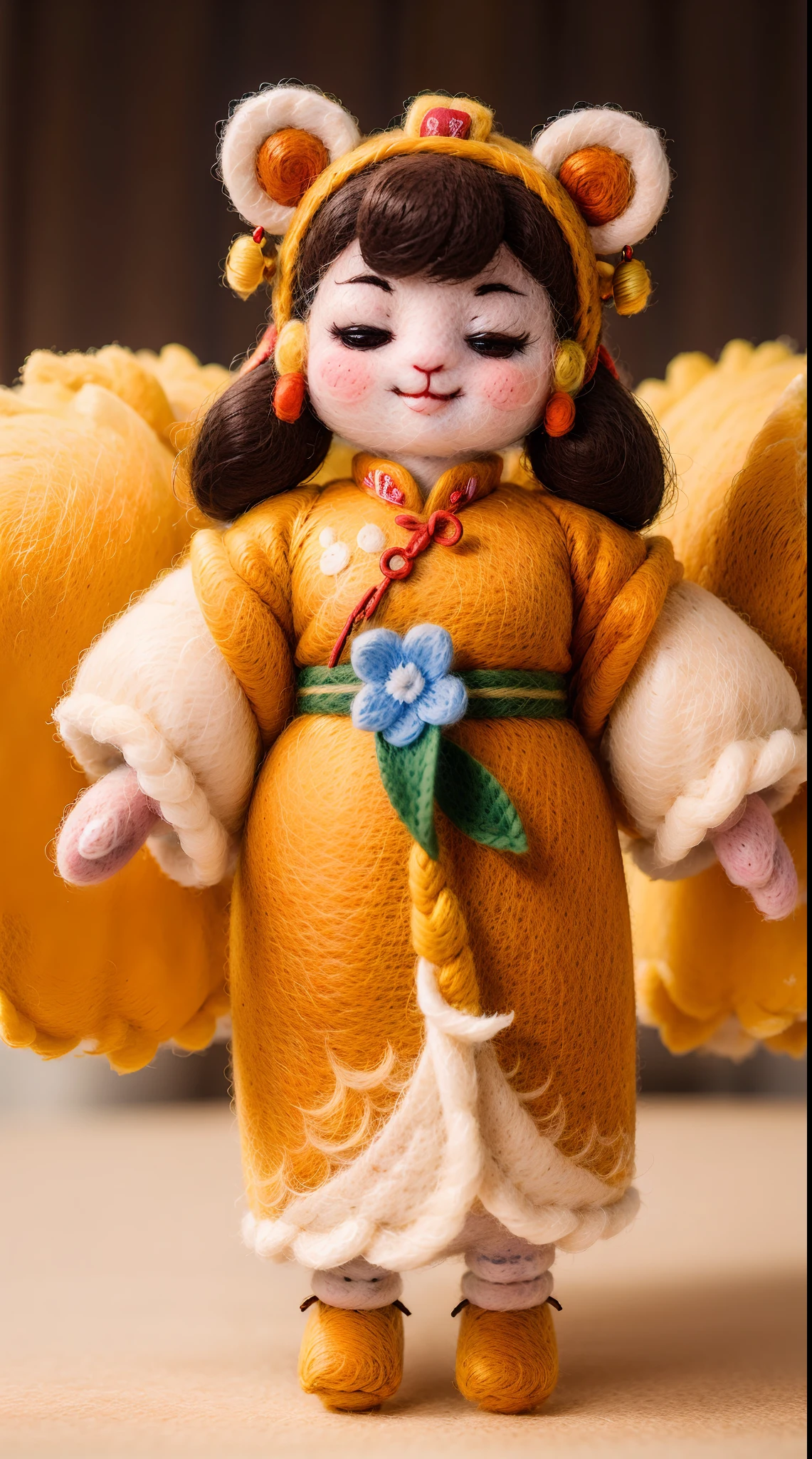 wool felt,felt,Plush ,adolable,Masterpiece, Best quality, Super detailed, illustration, 1 woman, Close up, Smile, TRADITIONAL CHINESE COSTUMES,Wool felt dolls。