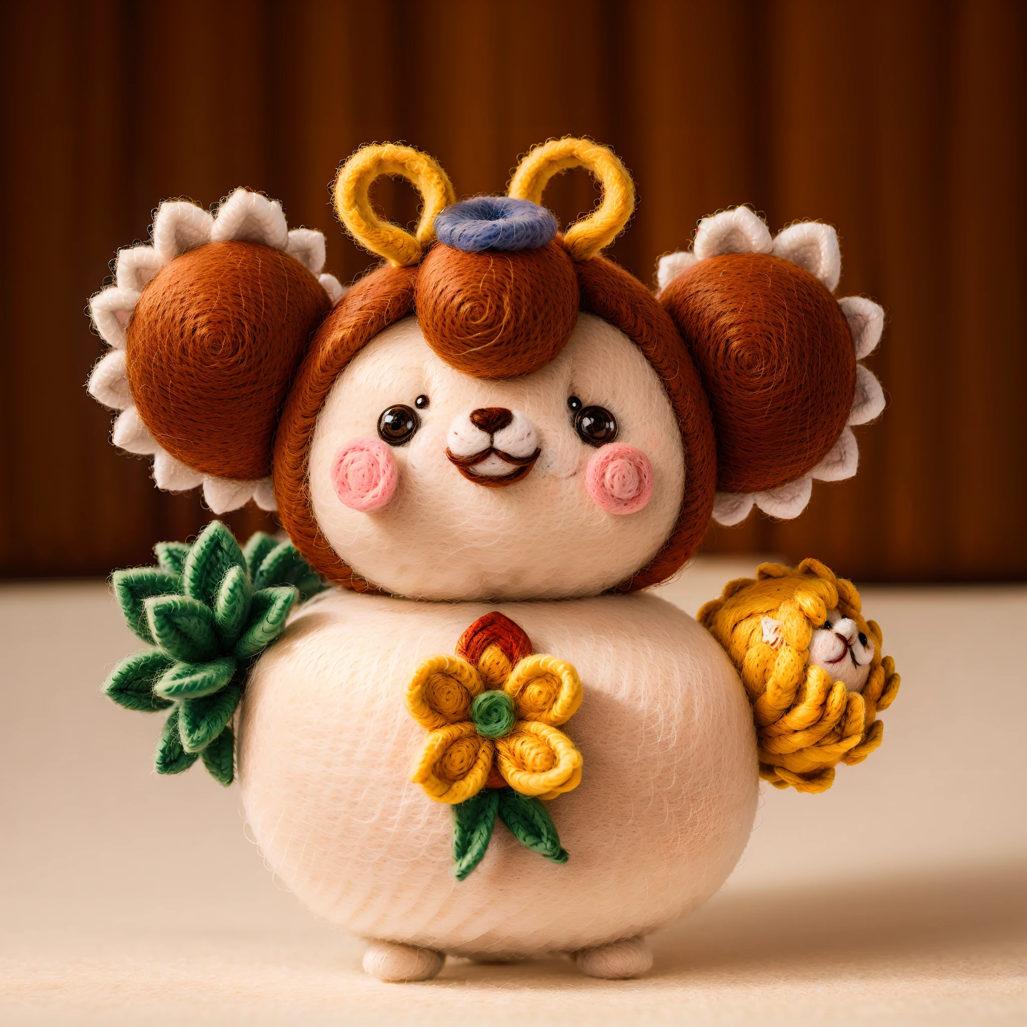 wool felt,felt,Plush ,adolable,Masterpiece, Best quality, Super detailed, illustration, 1 woman, Close up, Smile, TRADITIONAL CHINESE COSTUMES,Wool felt dolls。