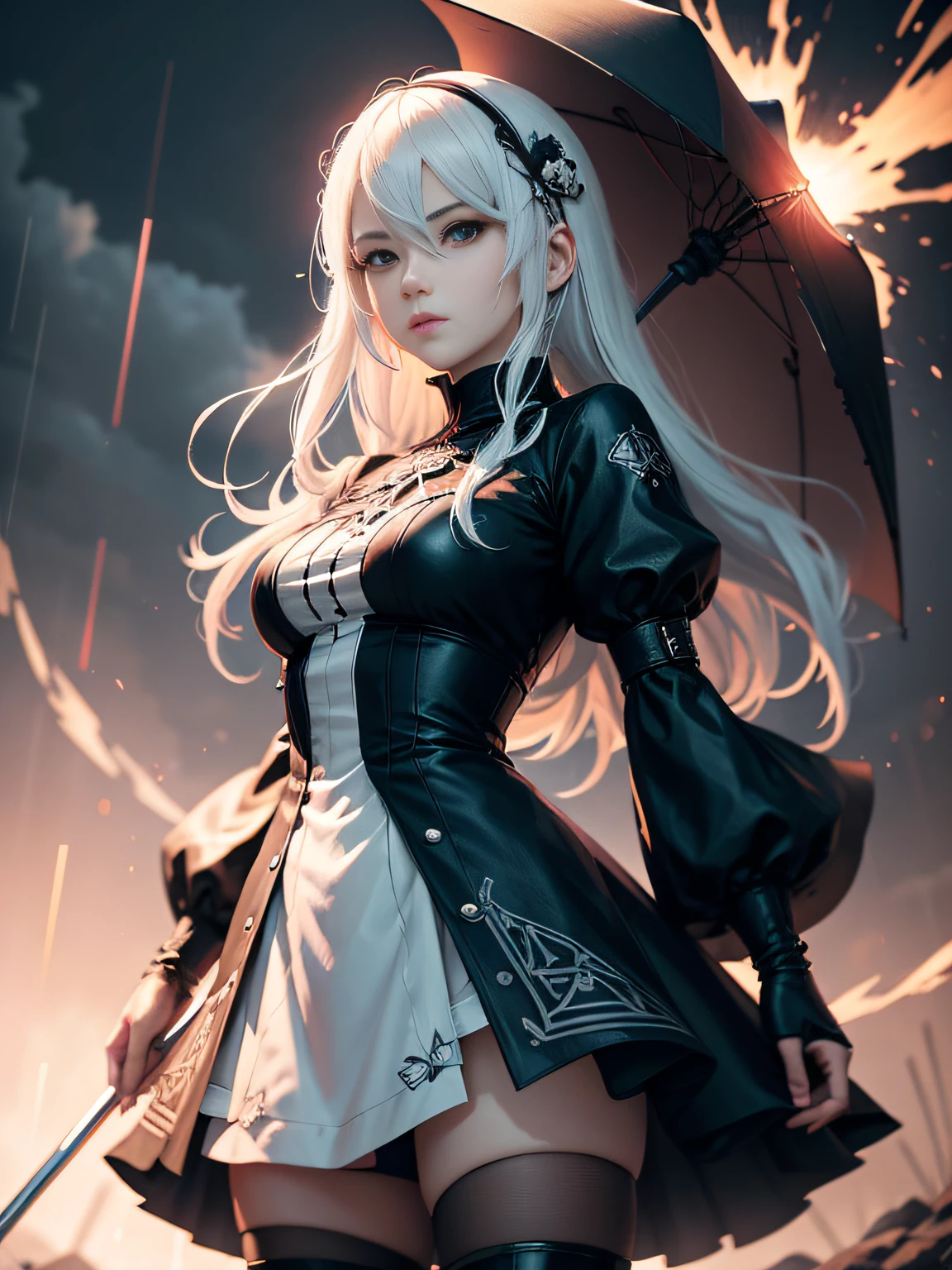 White haired anime girl in black dress standing on rock in the rain, Ross Tran 8 K, anime epic artwork, Nier 2 B, Anime Art Wallpaper 8K, papel de parede anime 4k, 2. 5 d cgi anime fantasia arte | |, arte de personagem impressionante, negar, Anime Art Wallpaper 4K, Anime Art Wallpaper 4K, epic exquisite character art, fanart melhor artstation