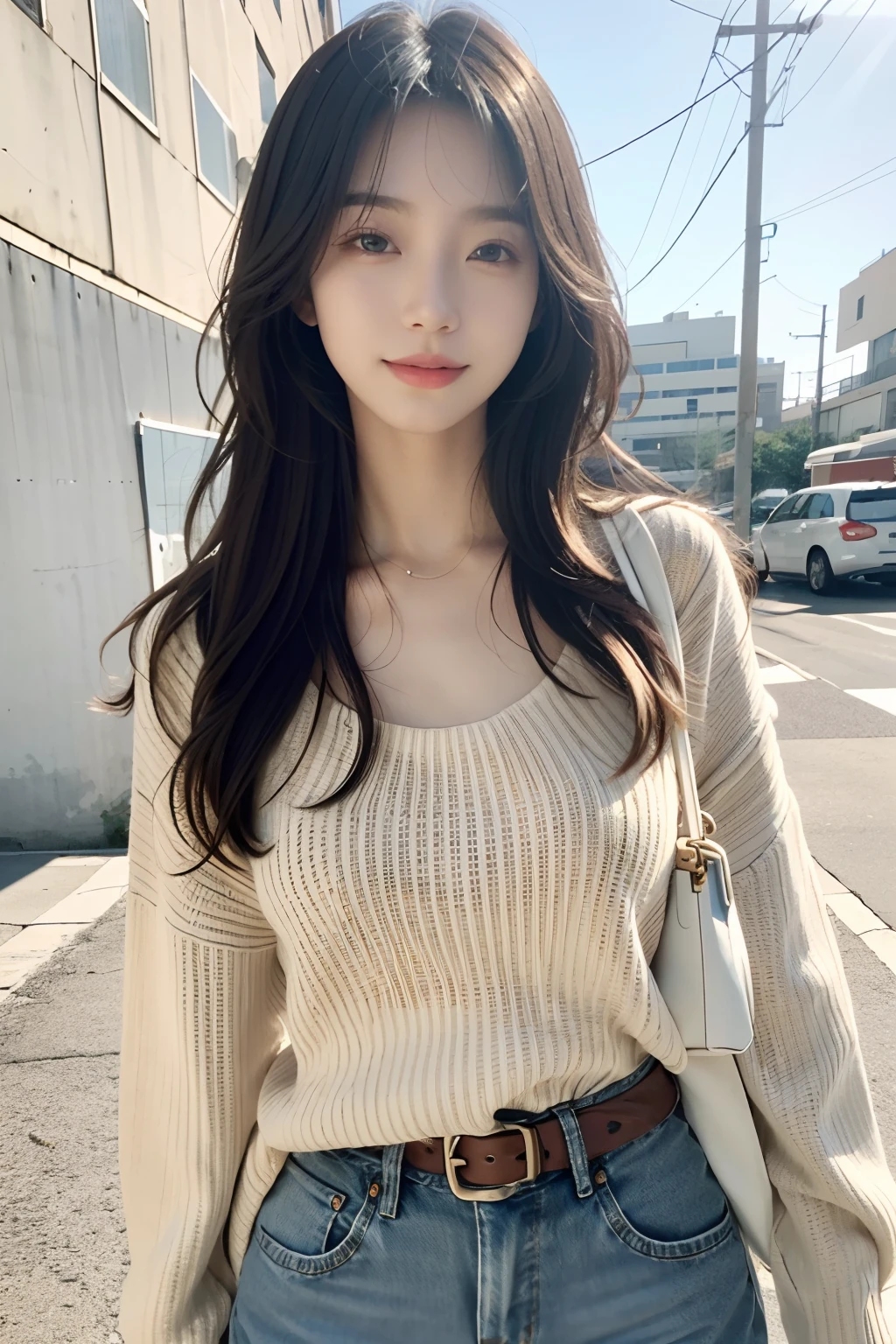 (Best quality,4K,8K,A high resolution,Masterpiece:1.2), Ultra-detailed, (Realistic, Photorealistic, photo-realistic:1.37), Vivid colors, Studio lighting, hdr, hyper HD, Physically-based rendering, Extreme detail description,
1girll, Beautiful detailed eyes, beautiful detailed lips, Extremely detailed eyes and face, Long eyelashes,
mediating: Digital painting,
Portrait, Korean girl,
wear: knitwear, denim pant,
On the streets,
Under the sun,
Pure and beautiful,
Good body proportions,
looks into camera,
Long white hair,
Smile