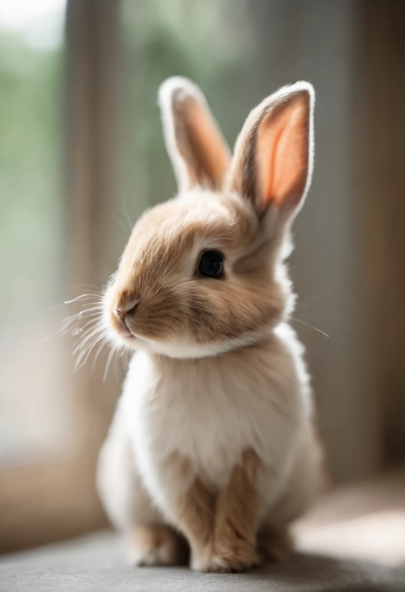 (best quality, realistic, ultra-detailed) cute little baby bunny, she is happy and confident, with a pink blush on her cheeks. The bunny has a soft and fluffy white fur, non human. She is wearing a blue scarf around her neck and a white diapper.