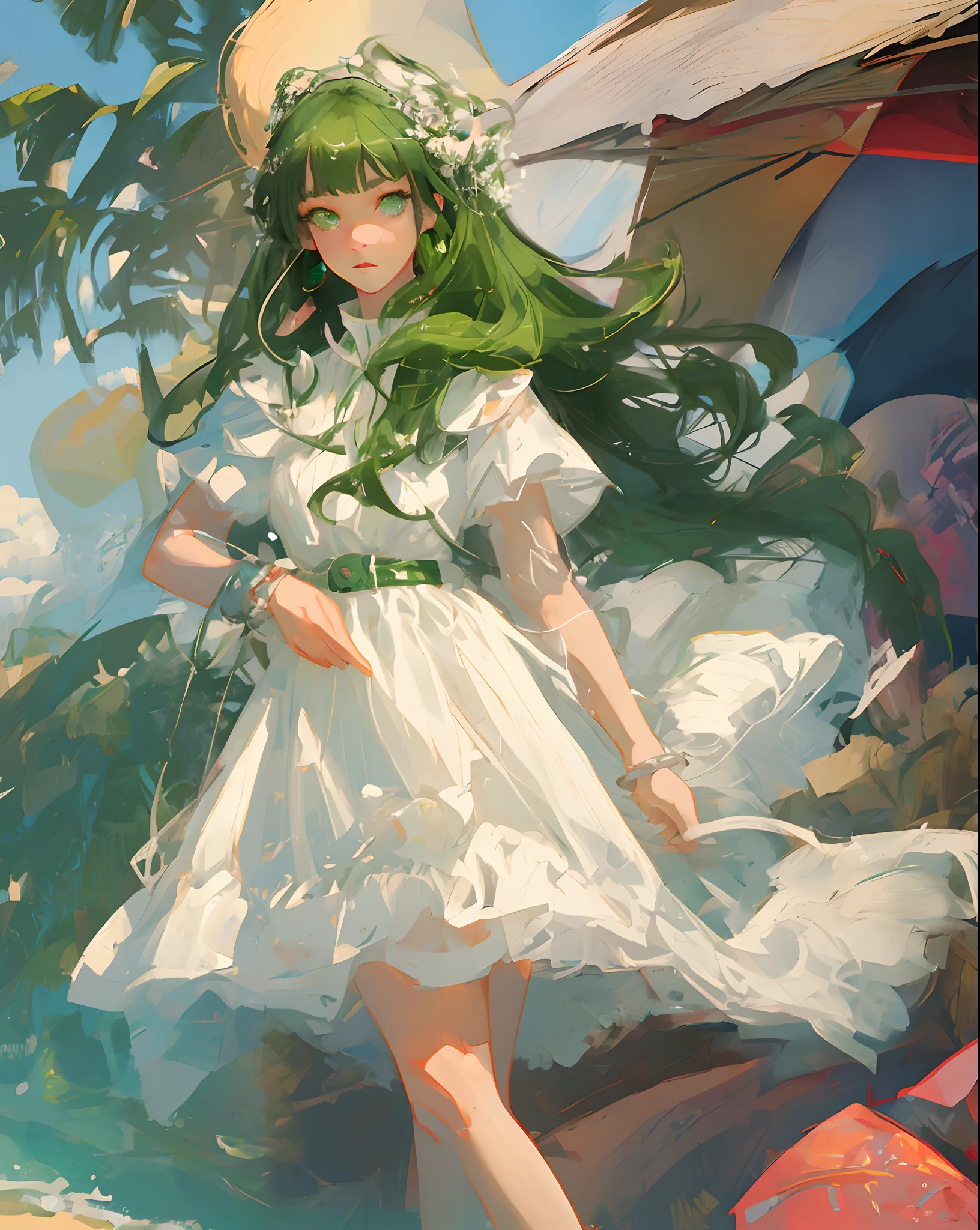 1 gir, green hair, green eyes, white dress, beach, anime style 4k