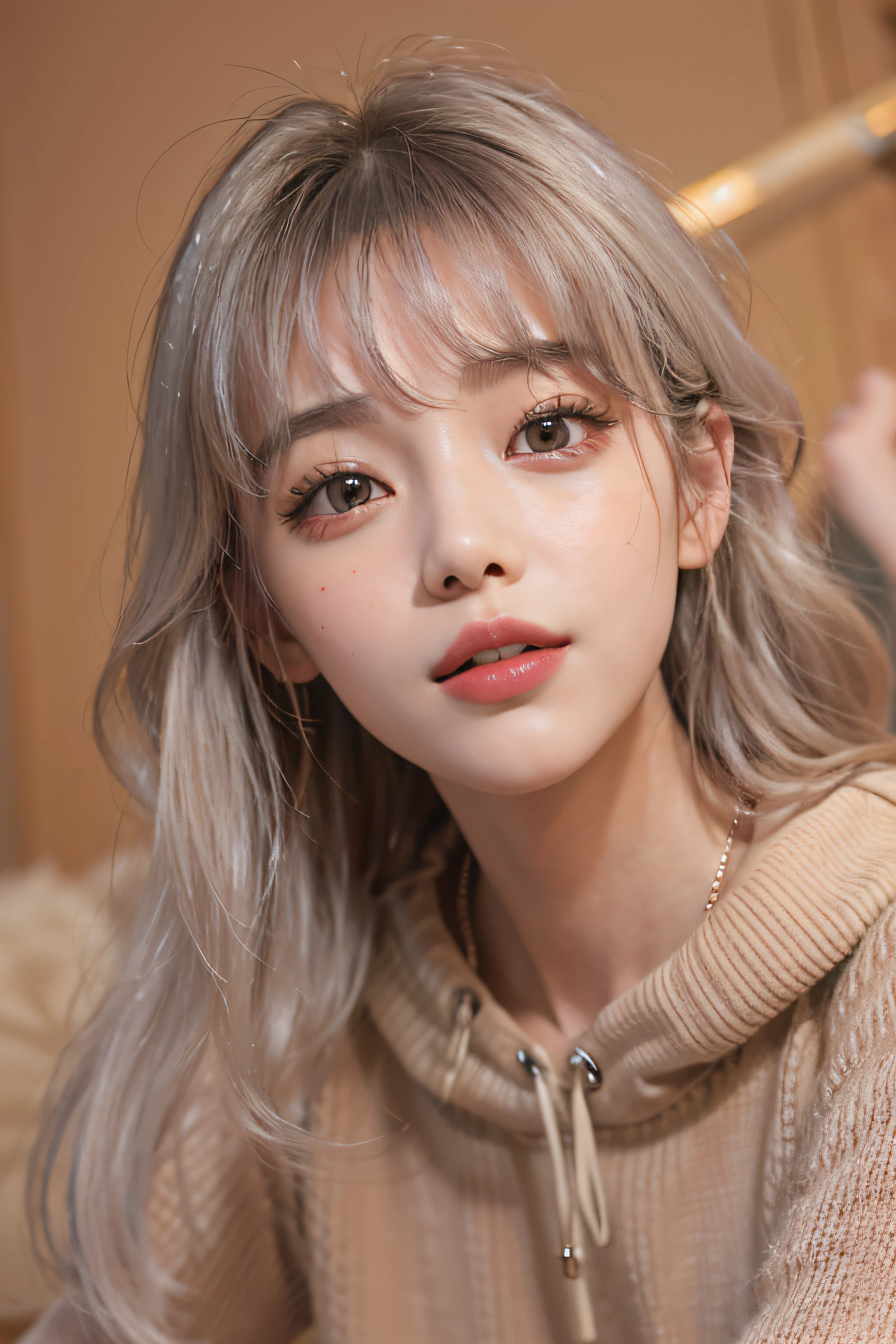 ((high angle shot))、(Extra Upper Shot)、 (Photoreal Stick:1.2)、8K UHD、hight resolution、(1 girl)、in her 20s、(white hair), (Medium Hair)、(Pattsun bangs)、((Shy smile))、(High quality shadows)、Detail Beautiful delicate face、Detail Beautiful delicate eyes、Pretty Kpop Girl、(Korean Urzan Face)、(ulzzang -6500-v1.1:0.6)、pureerosface_v1、gloweyes、perfectbody、 Incredible dynamic range photography(UTIL_Art by Smoose-768:1.1),(wetting hair)、(wetted skin)、 teak、Bright red lipstick、Glossy lips、(a choker)、((Brown eyes))、((Beautiful Finger))、 Shiny hair、Description beautiful delicate hair、(Lustrous skin)、(inside in room)、(Long sleeve knitted hoodie)、Sweatpants、(pose to shoew armpits by raising both hands)、