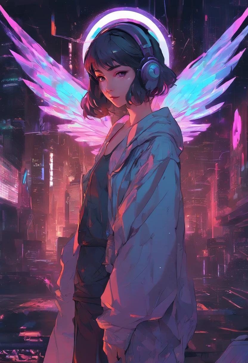 Front,Half body portrait,((midjourney's distinctive mesmerizing anime style)),1girl, standing still,calm,little ethereal girl, Light reflective gown made as that can reflect Surrounding neon lights,((2 Angelic wings attached on back)),((saint's halo hovers above)), standing in a city at night,detailed lighting, side-angle portrait,cyberpunk lightings,modern anime trends of 2019, infusing eboy ,Tron and Lucifer vibes,AMOLED display colors,highly stylish, atmospheric scene ,reminiscen digital cyberpunk art,Leonardo Style,dripping paint,mesmerizing angelic presence ,captivating wallpaper-like composition.,weapon,High detailed ,Color magic