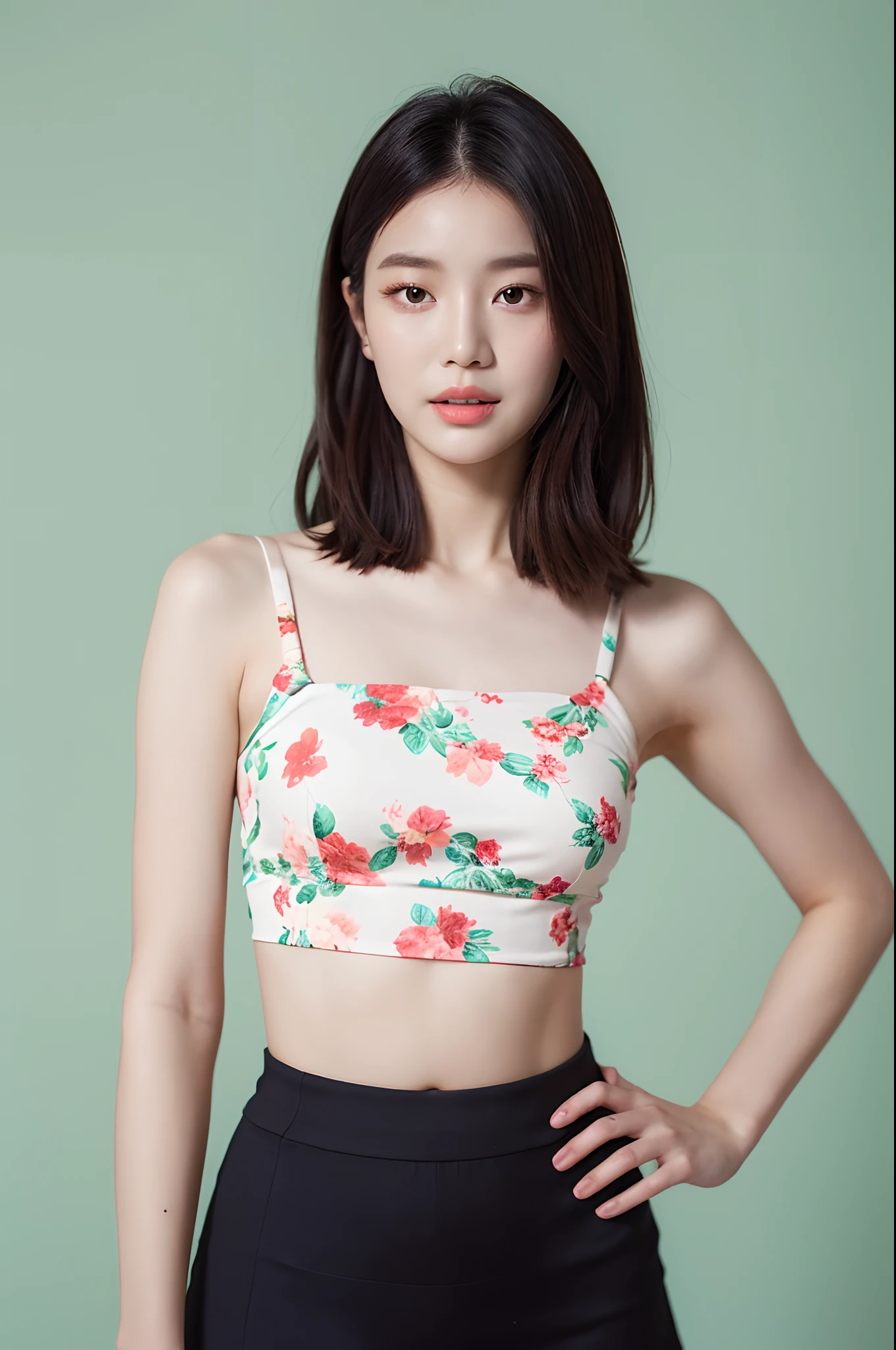 a woman in a floral crop top and mint skirt posing for a picture, croptop, crop top, bralette, wearing white camisole, bae suzy, wearing a camisole, physical : tinyest midriff ever, gorgeous young korean woman, heonhwa choe, cutecore, lulu chen, reluvy5213