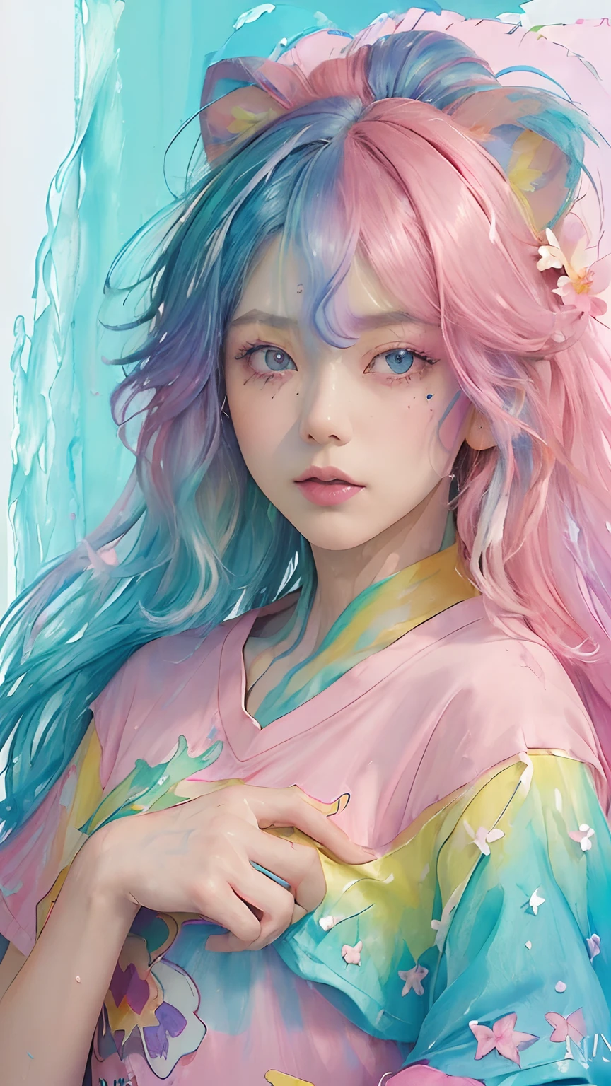 (Pink fashion T-shirt:1.9)、(Long black hair)、(all the colours of the rainbow:1.8)、((((Vertical Painting:1.6)))、(painterly:1.6)、frontage、comic strip、illustratio、painterly、big eye、Sheer eyes、()、Exquisite makeup、Mouth closed、(Small fresh:1.5)、(Wipe Chest:1.6)、long eyeslashes、red kimono、、Dancing brilliantly、large watery eyes、(rainbow-colored hair:1.6)、 color splashes, (独奏:1.8), color splashes, Color explosion, Thick paint style, Messy lines, ((SHINES)), (colourfull), (colourfull), colourfull, colourfull, Chic paint style, (Splash) (color splashes), Vertical Painting, The upper part of the body, paint splashes, Acrylic Pigment, gradients, paint, Top image quality, Top image quality, ​masterpiece, 独奏, depth of fields, facepaint, colourful clothes, (elegent: 1.2), Gorgeous,length hair, the wind, (elegent: 1.3), (flower petals:1.4)、(((​masterpiece)))、(((top-quality)))、((ultra-detailliert))、(illustratio)、(dynamic ungle)、((Planktonic))、(paint)、((dishevled hair))、(独奏)、(1girl in)、((Detailed anima face)))、((beautifull detailed face))、collars、bare shoulders​、white  hair、((colourful hair))、(((striated hair))、beatiful detailed eyes、(Gradient color eyes)、(((Colorful eyes))))、(colorful backdrop))))、((((a high chroma))))、(((Surrounded by colorful splashes)))、