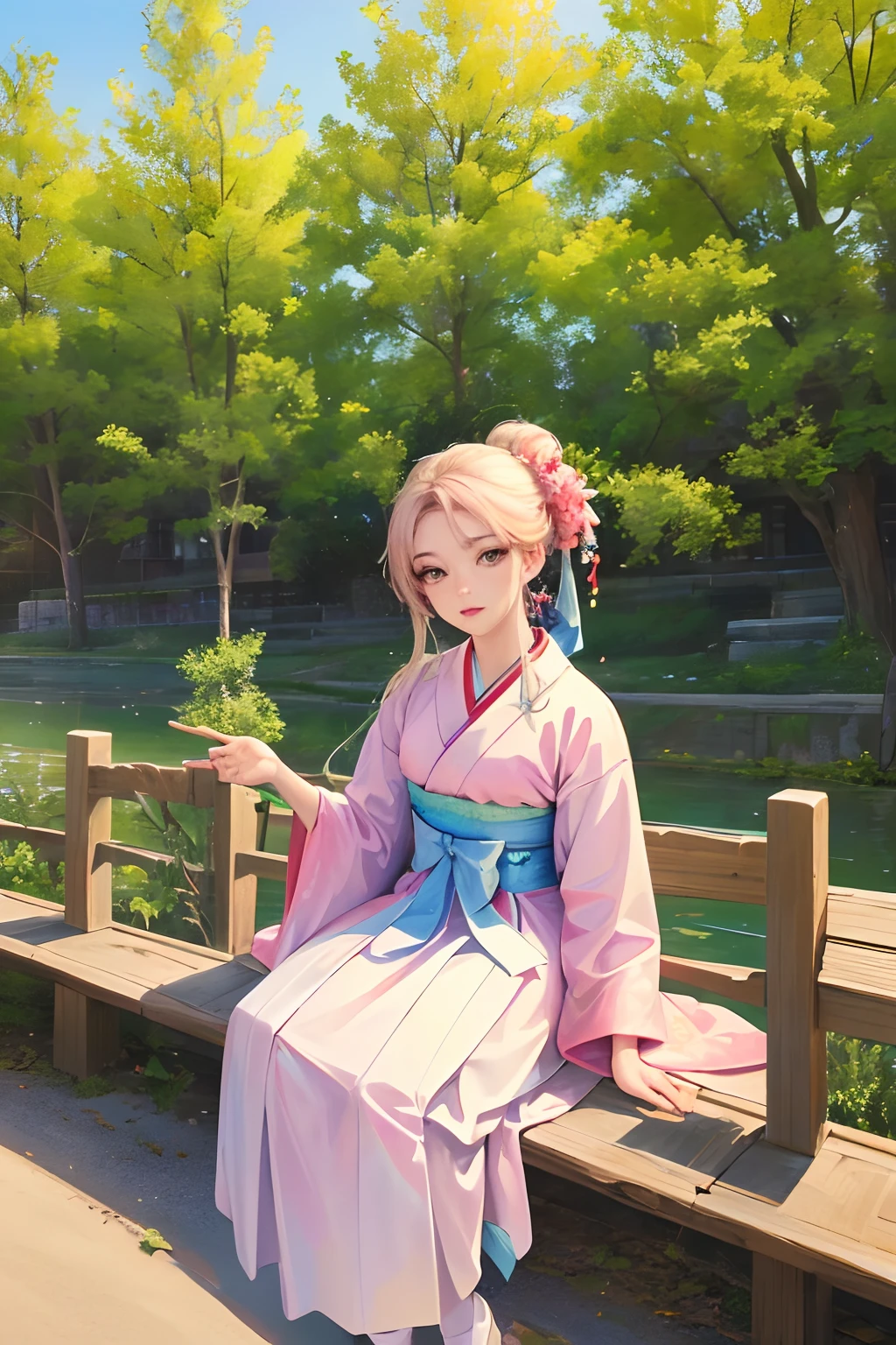 (highest resolution, distinct_image) The best quality, a woman, masterpiece, highly detailed, semi realistic, 21 years old, cute, young, beautiful, hanbok, outdoors, park, trees, sunny day