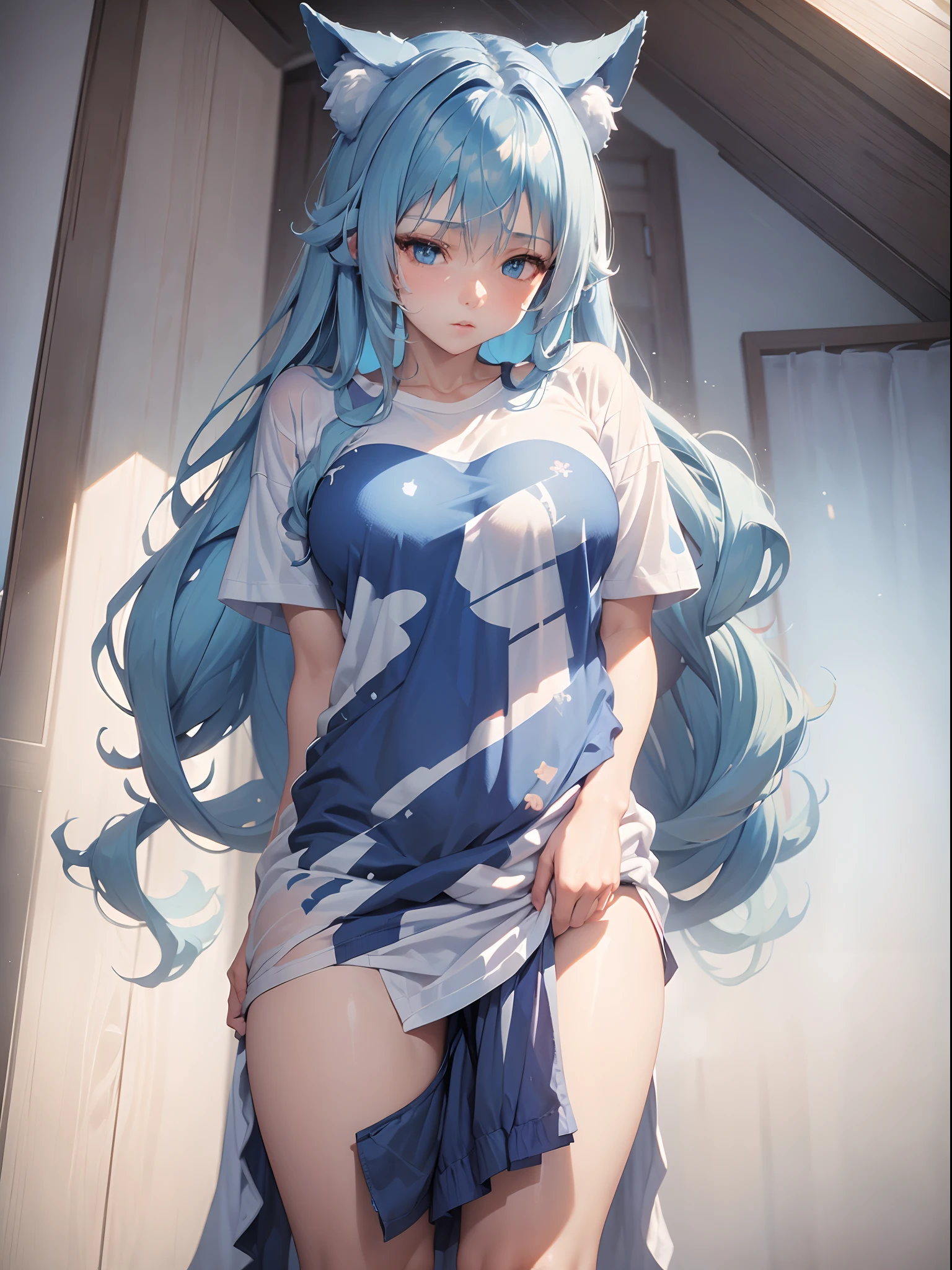 (Masterpiece) (High Detail) (High Res) Inu Aoimimi sat in a house, wearing just an oversized white t-shirt. Blue hair, Blue eyes, Blue fluffy dog ears, Blue fluffy dog tail.