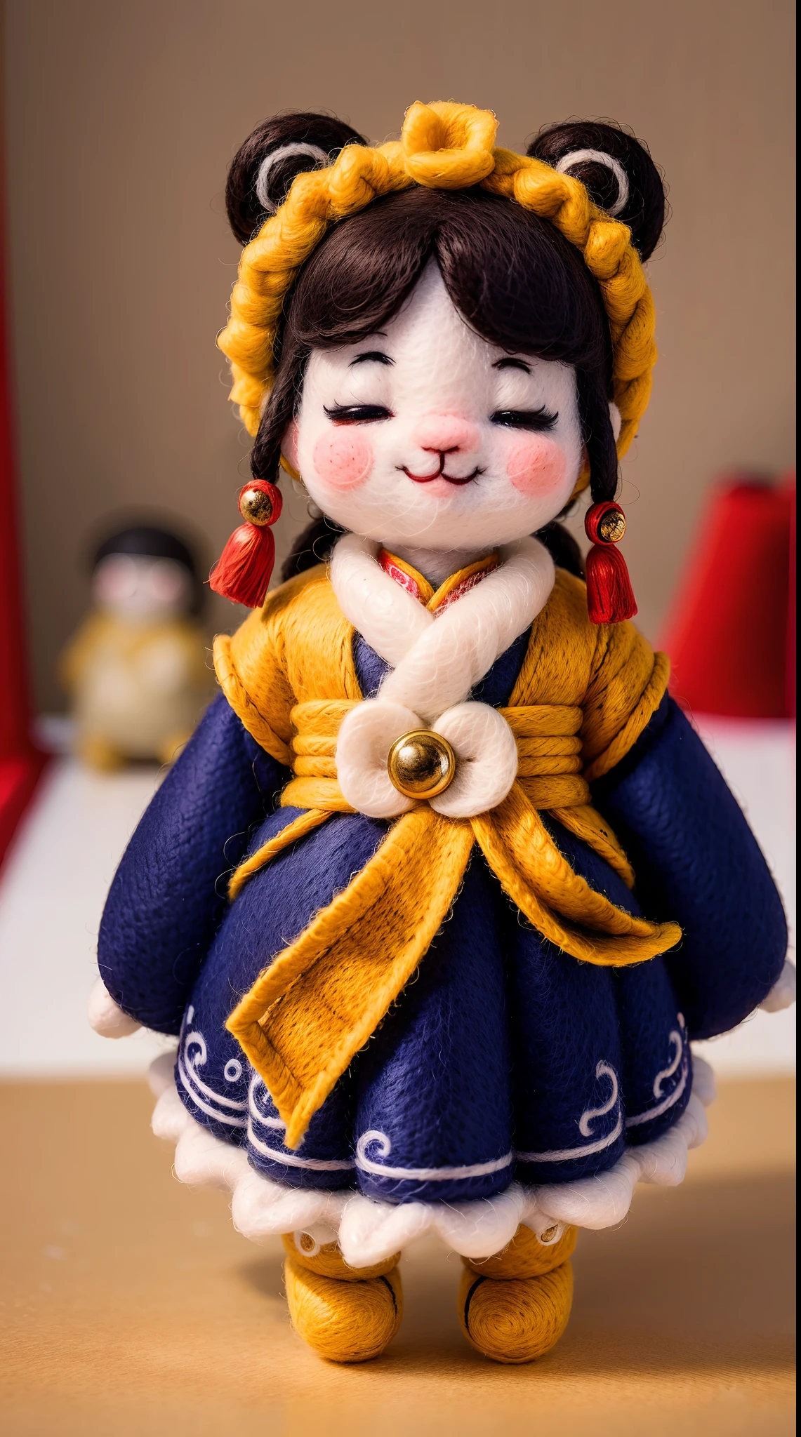 wool felt，felt，Plush ，adolable，Masterpiece, Best quality, Super detailed, illustration, 1 woman, Close up, Smile, TRADITIONAL CHINESE COSTUMES,Wool felt dolls。