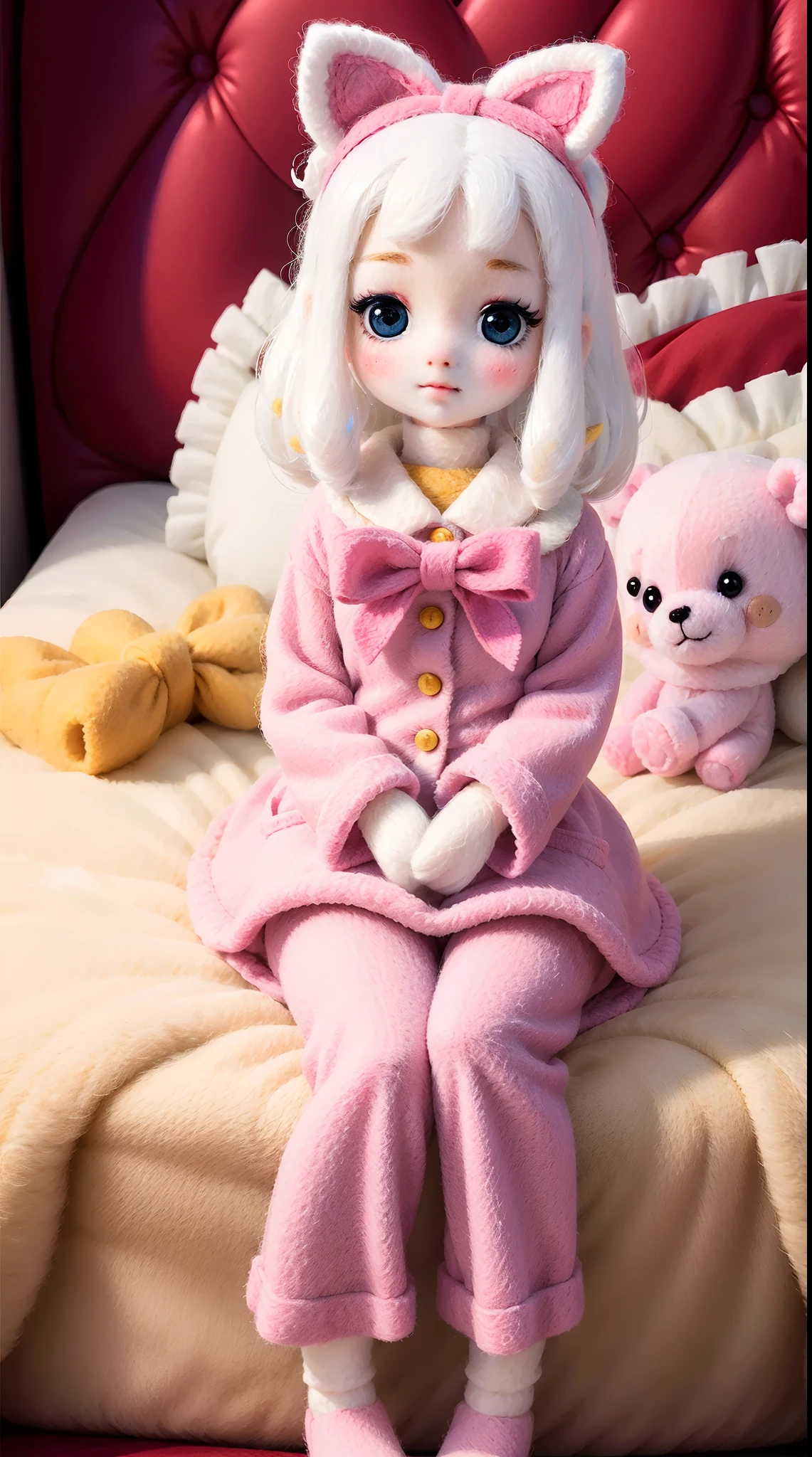 wool felt，Felt，plush ，adolable，Masterpiece, Best quality, Super detailed, illustration, Beautiful eyes, Close up, A girl. It is white hair, Pink bow, Yellow pajamas,sit on a bed.