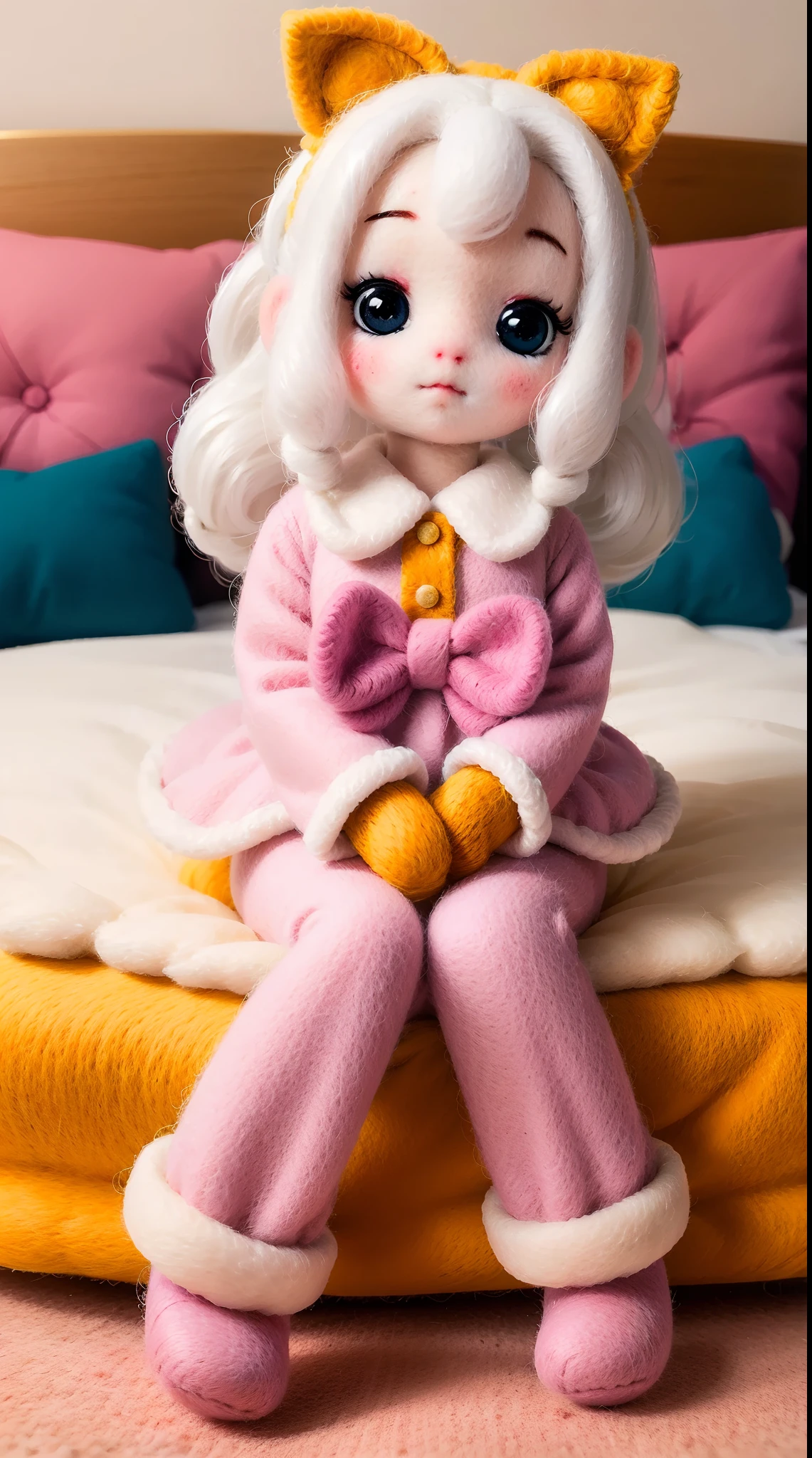 wool felt，Felt，plush ，adolable，Masterpiece, Best quality, Super detailed, illustration, Beautiful eyes, Close up, A girl. It is white hair, Pink bow, Yellow pajamas,sit on a bed.