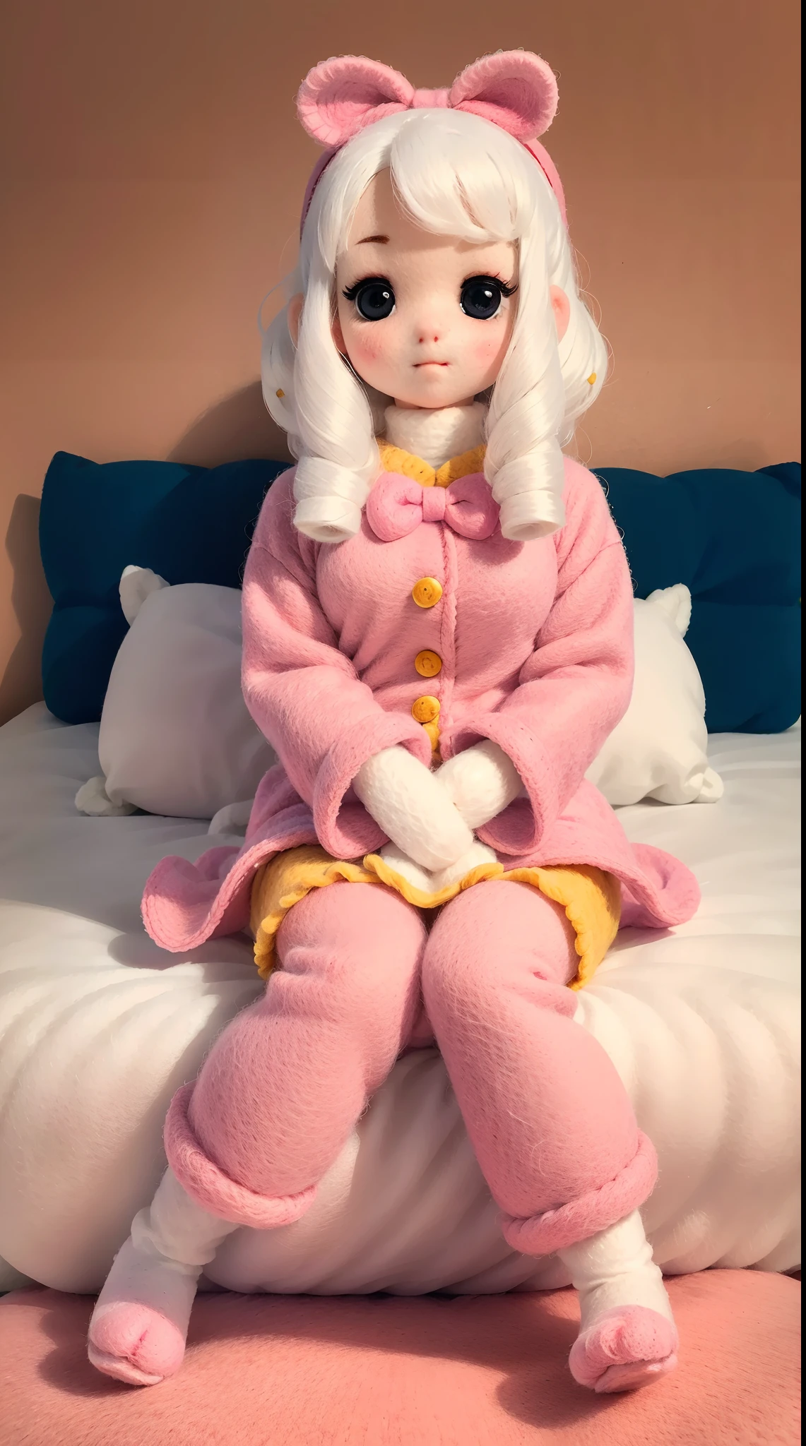 wool felt，Felt，plush ，adolable，Masterpiece, Best quality, Super detailed, illustration, Beautiful eyes, Close up, A girl. It is white hair, Pink bow, Yellow pajamas,sit on a bed.