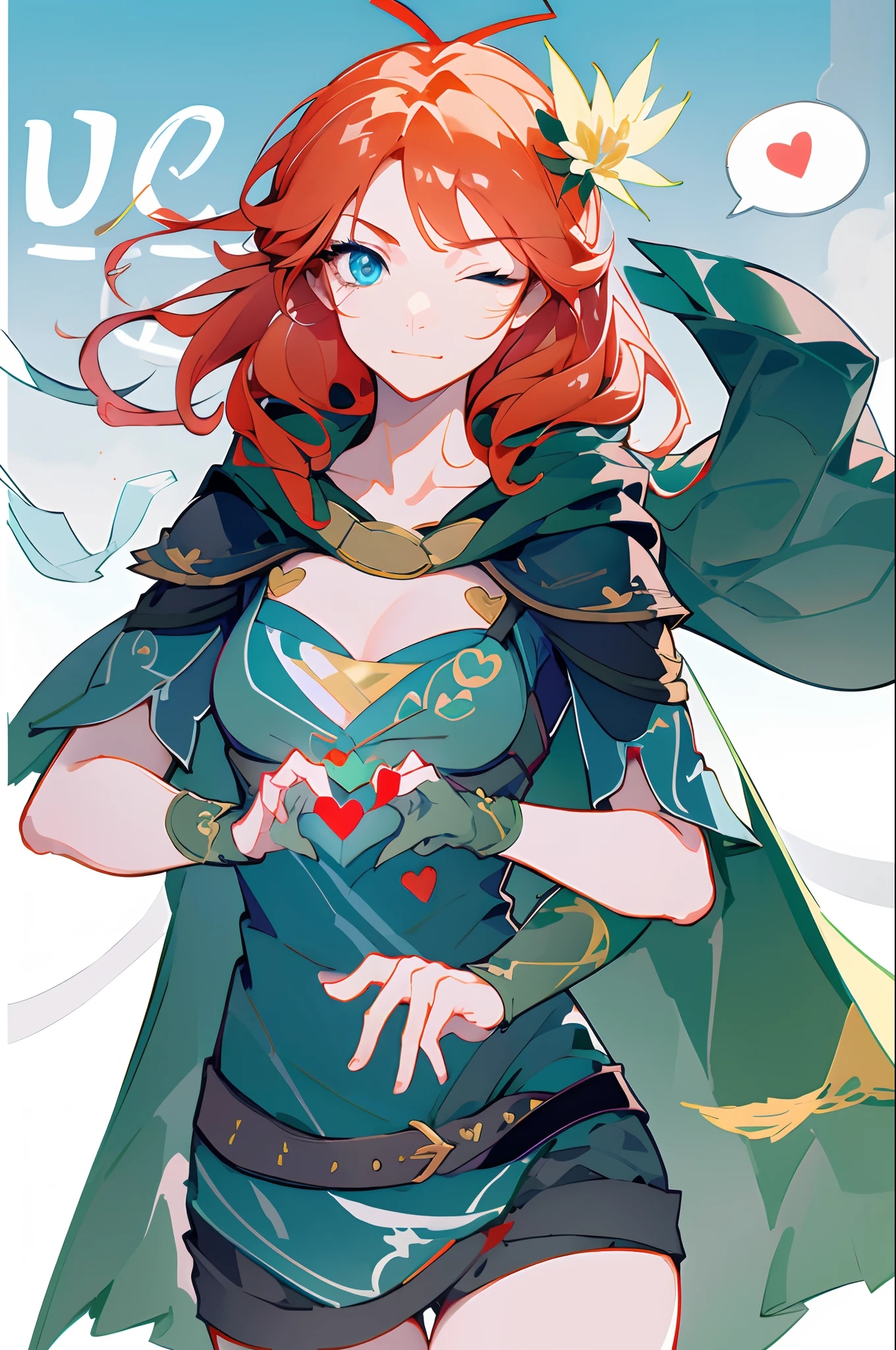 - Arcana,arcana,Wind Ranger anime style, 1girll, One eye closed, Solo, mitts, flower, Cape, Heart, Smile, spoken heart, Long hair, dress, Fur trim, Holding, Simple background, Breasts, greybackground, 鎖骨, Upper body, view the viewer, Official alternative costumes, Red gloves, belt, gift, Christmas, Blue eyes, Closed mouth