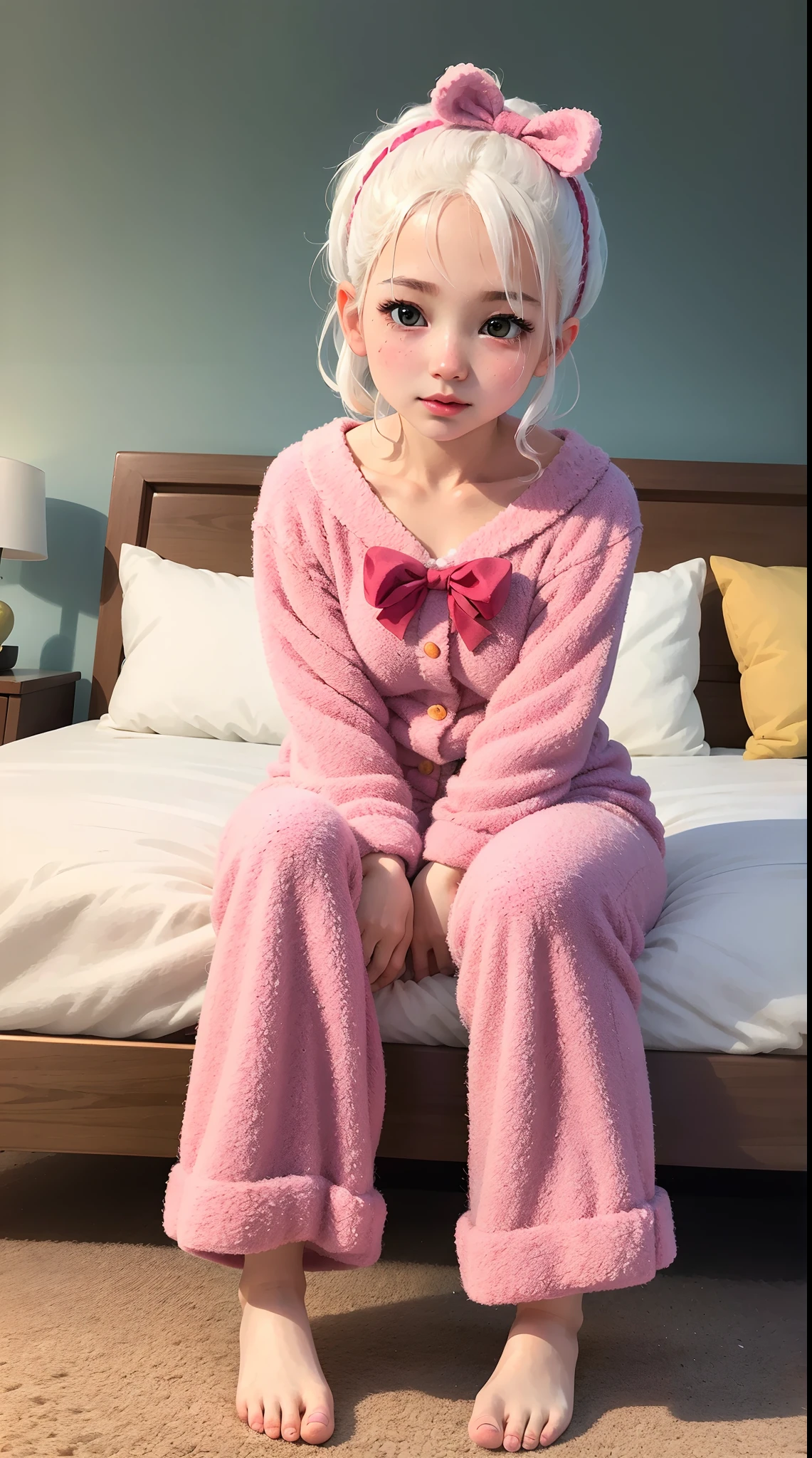 wool felt，Felt，plush ，adolable，Masterpiece, Best quality, Super detailed, illustration, Beautiful eyes, Close up, A girl. It is white hair, Pink bow, Yellow pajamas,sit on a bed.